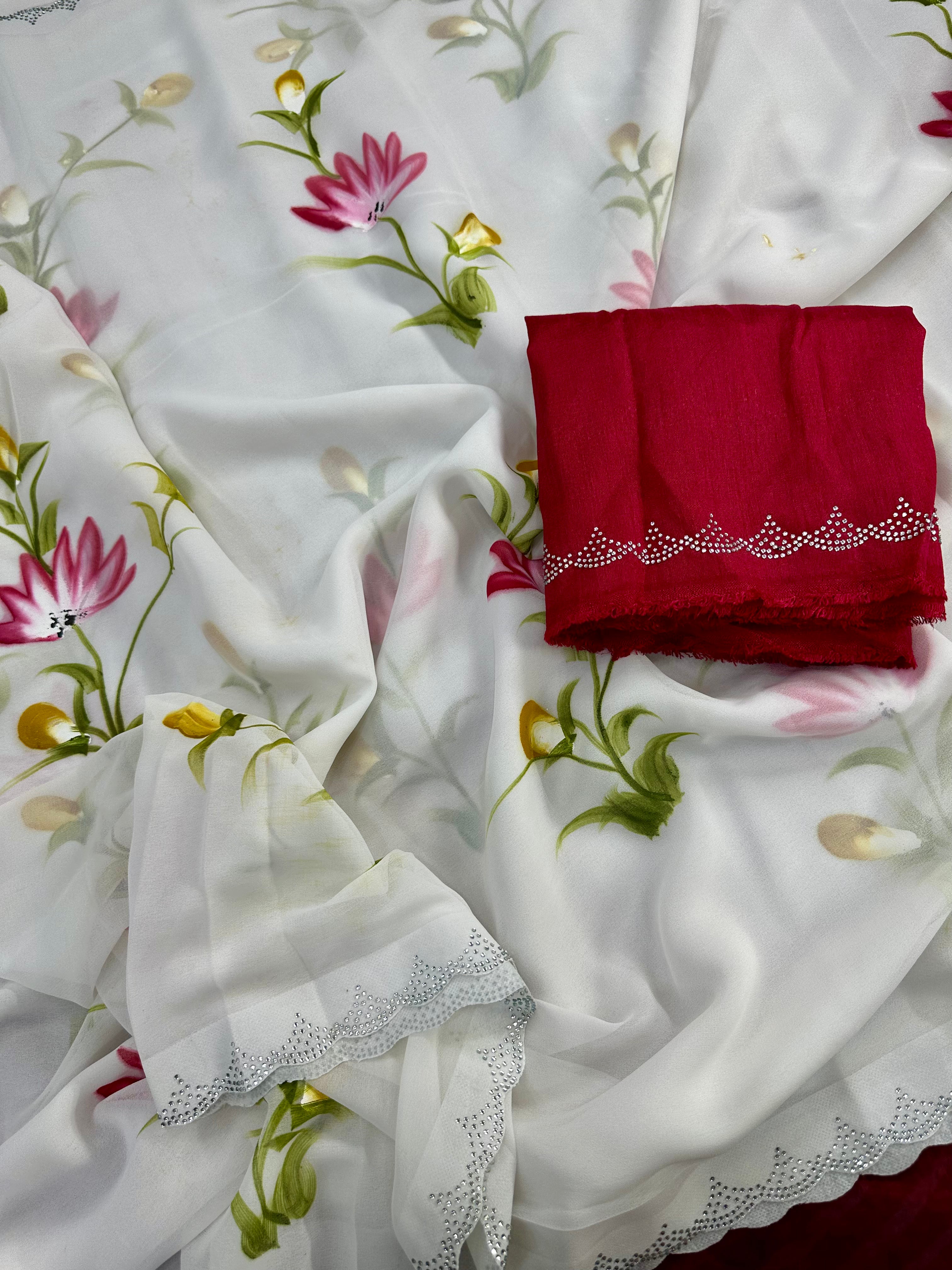 White Color Partywear Soft Georgette Handbrush Print With Siroski Cut Work Fancy Designer Saree