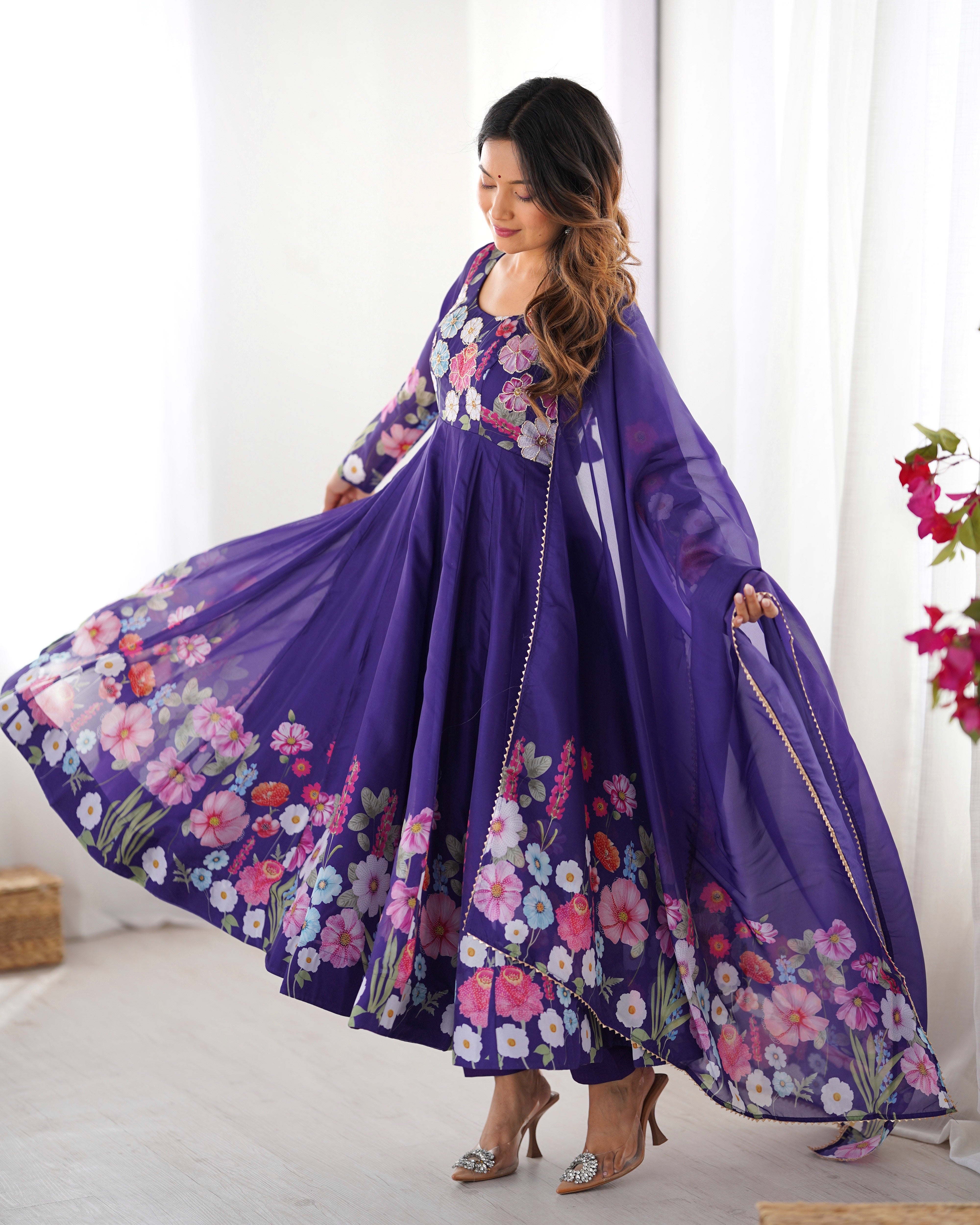 Premium Organza Silk Anarkali Set – 4 Mtr Flair with Gota Patti Dupatta & Cotton Pant