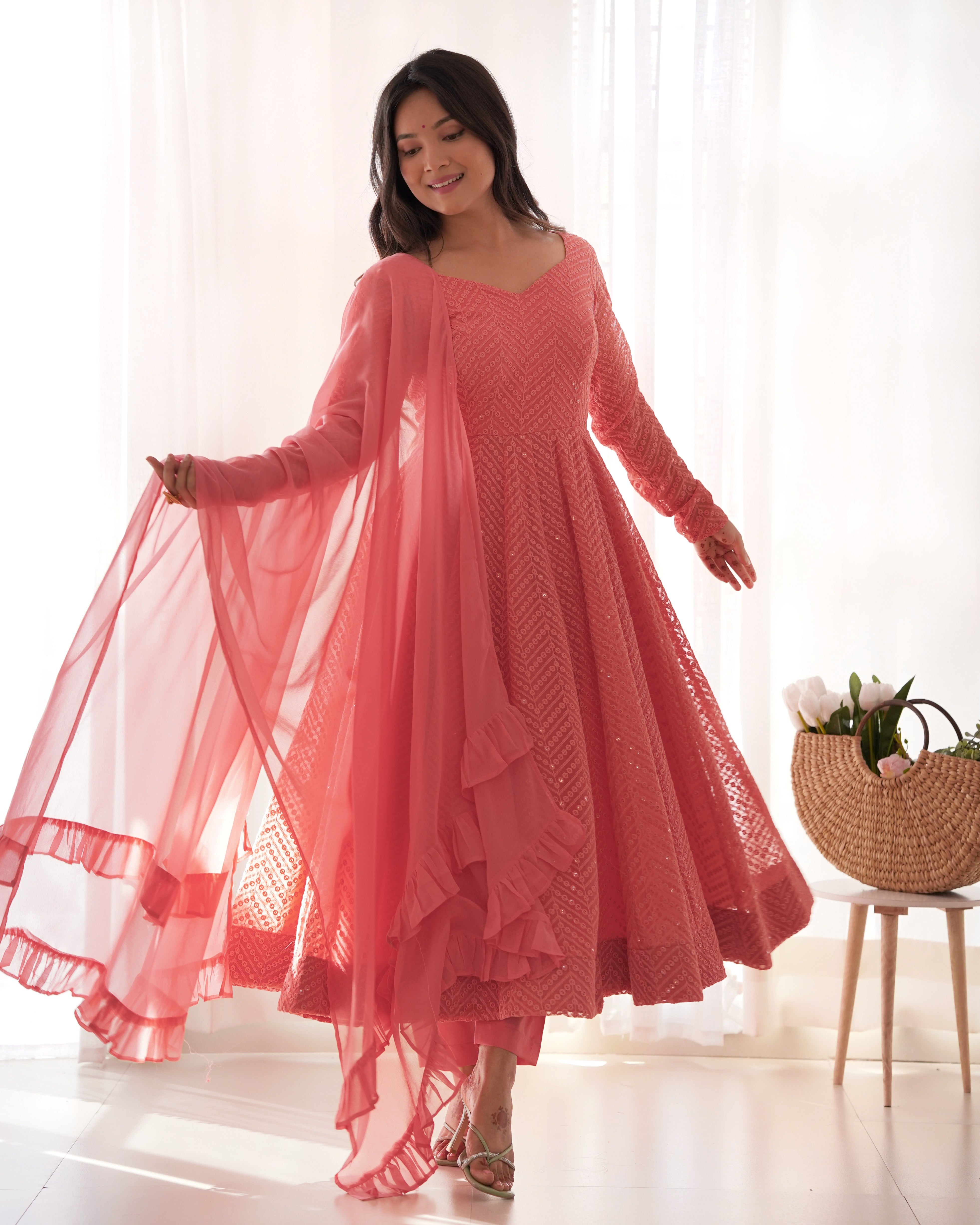 New Partywear Designer Premium Fox Georgette with Lucknowi Sequence Work Anarkali Set