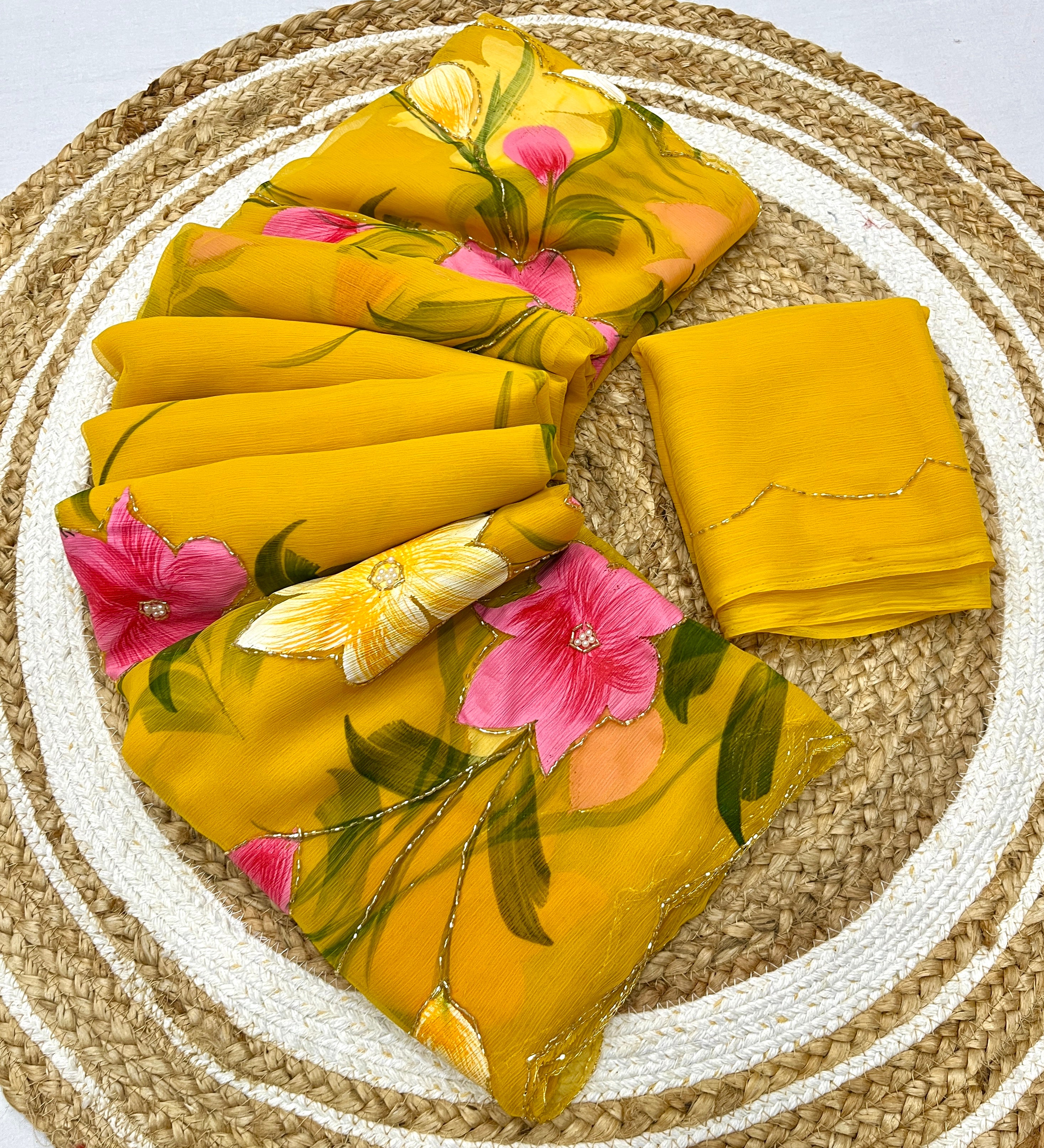 New Party Wear Yellow Colour Soft Pure Chiffon Handbrush Print n Handwork Fancy Designer Saree for Women