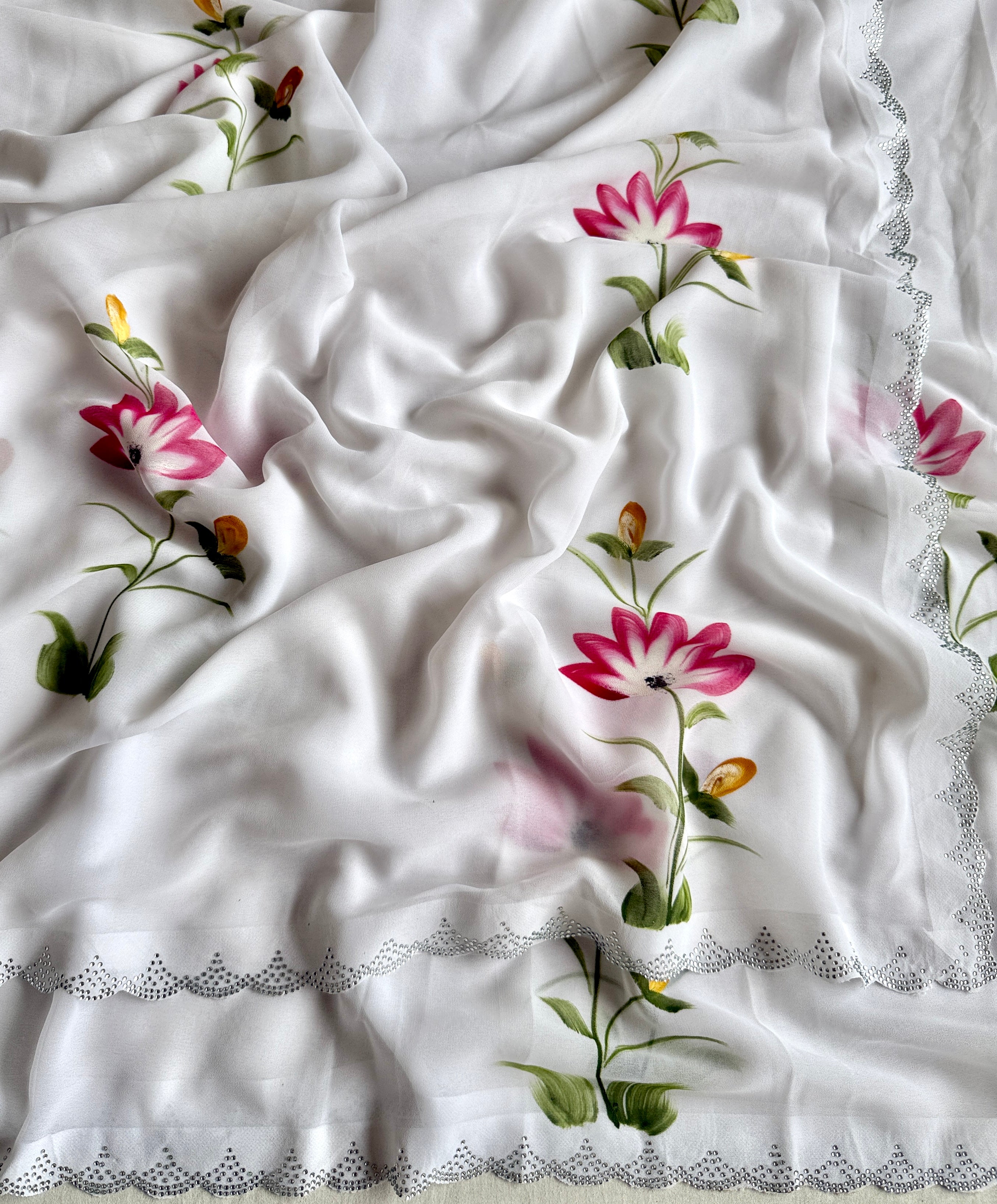 White Color Function Wear Soft Georgette Handbrush Print With Siroski Cut Work Fancy Designer Saree