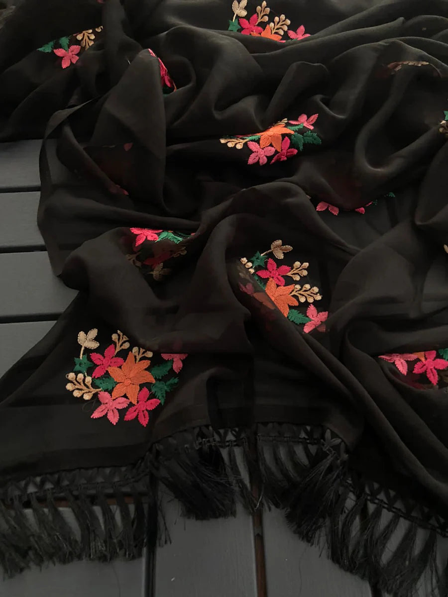 New Party Wear Chiffon Embroidery With Tussels Work Designer Saree With Blouse