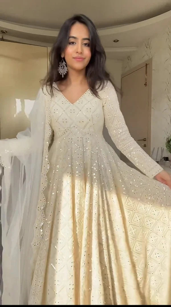 White Designer Lakhnavi Embroidered Work Anarkali Suit Set