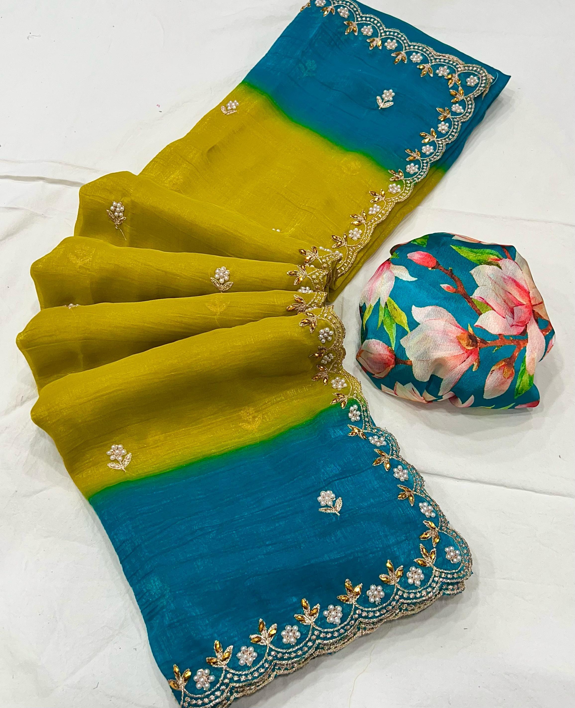 New Pedding Color Crunchy Chiffon Silk With Beautiful Embroidery n Cut Work Partywear Fancy Designer Saree