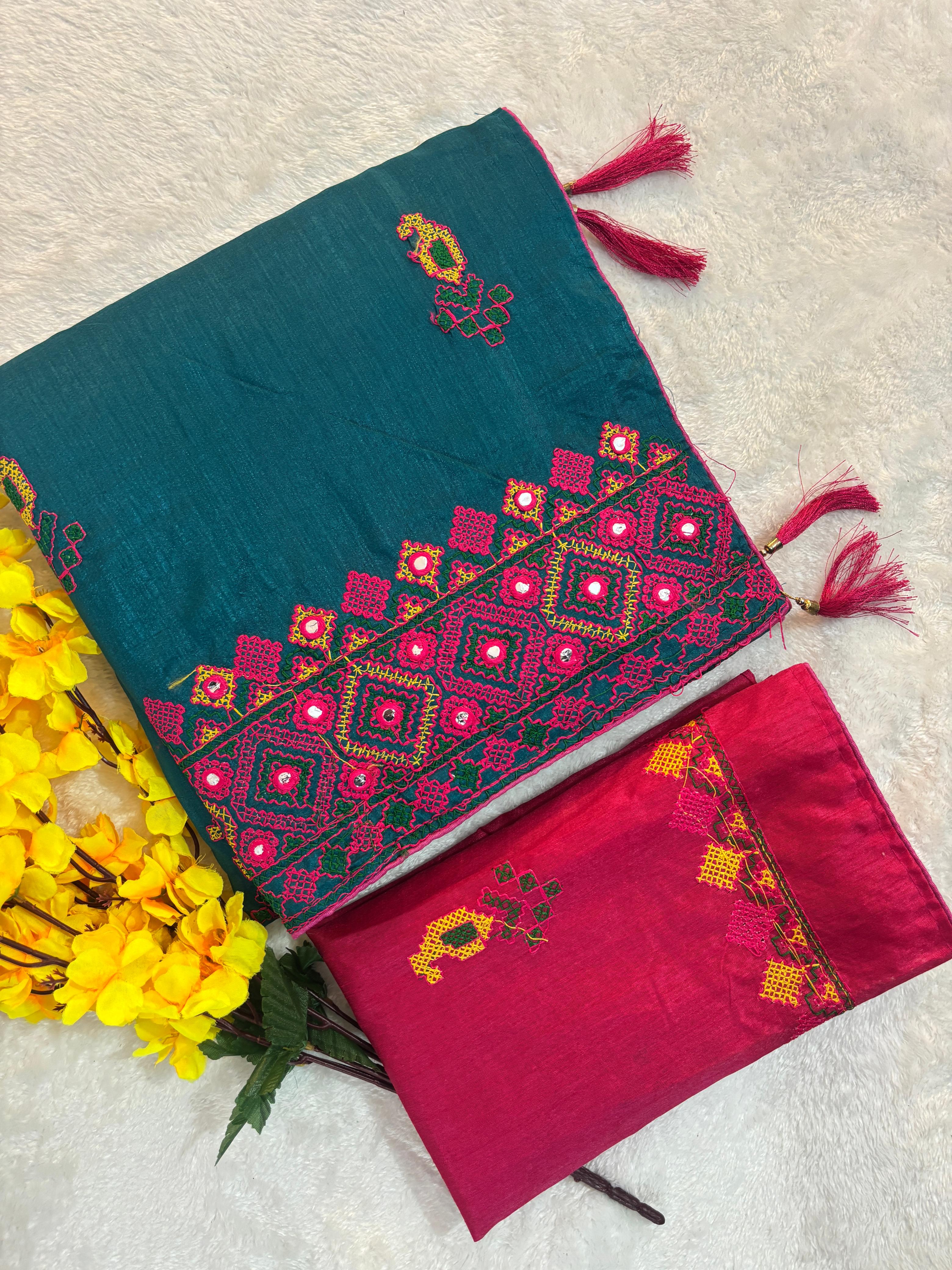 New Designer Gamthi Work Silk Embroidery Heavy Look Saree