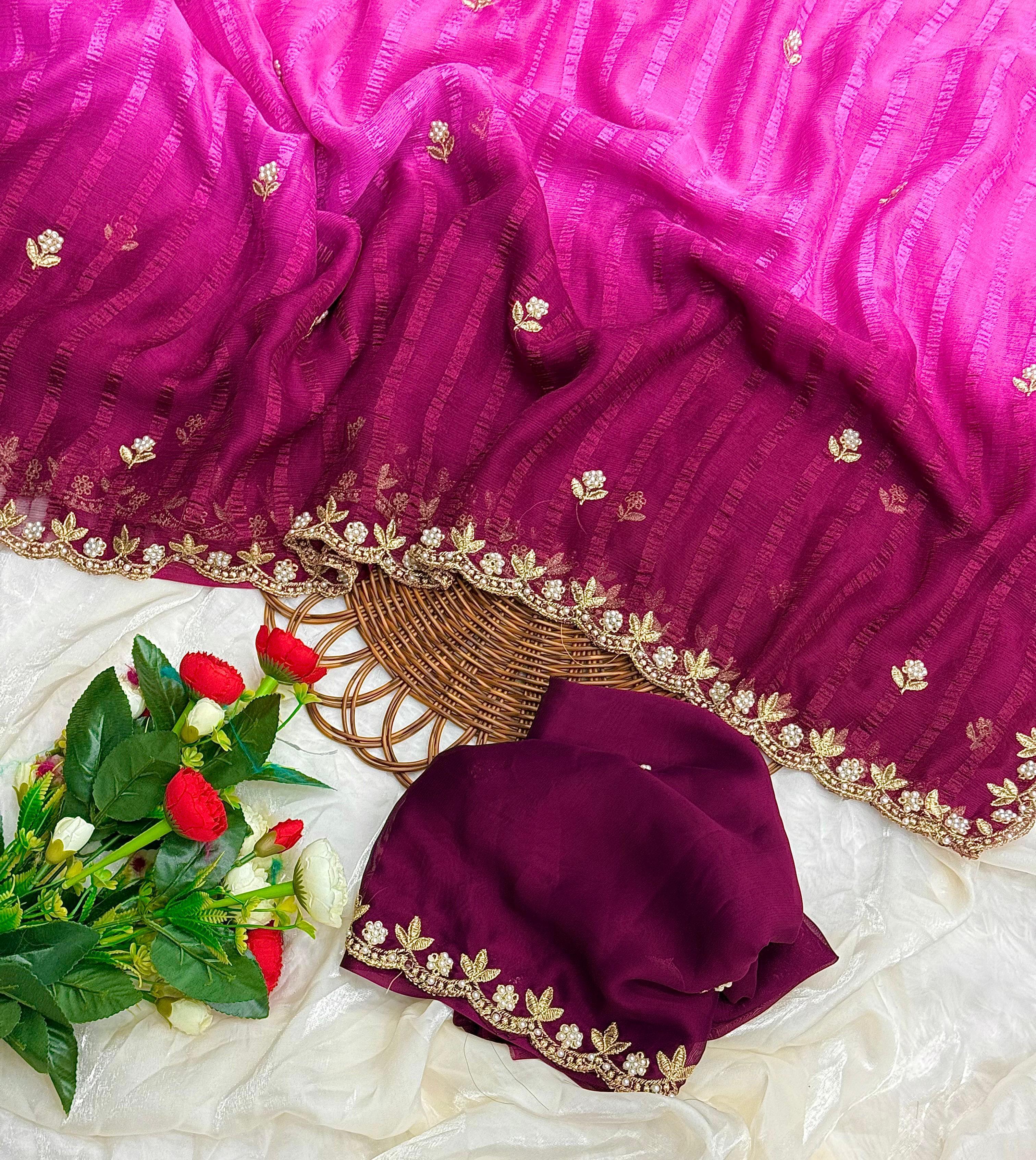 New Partywear Shimmer Georgette 3D Shaded Saree with Embroidery & Diamond Work