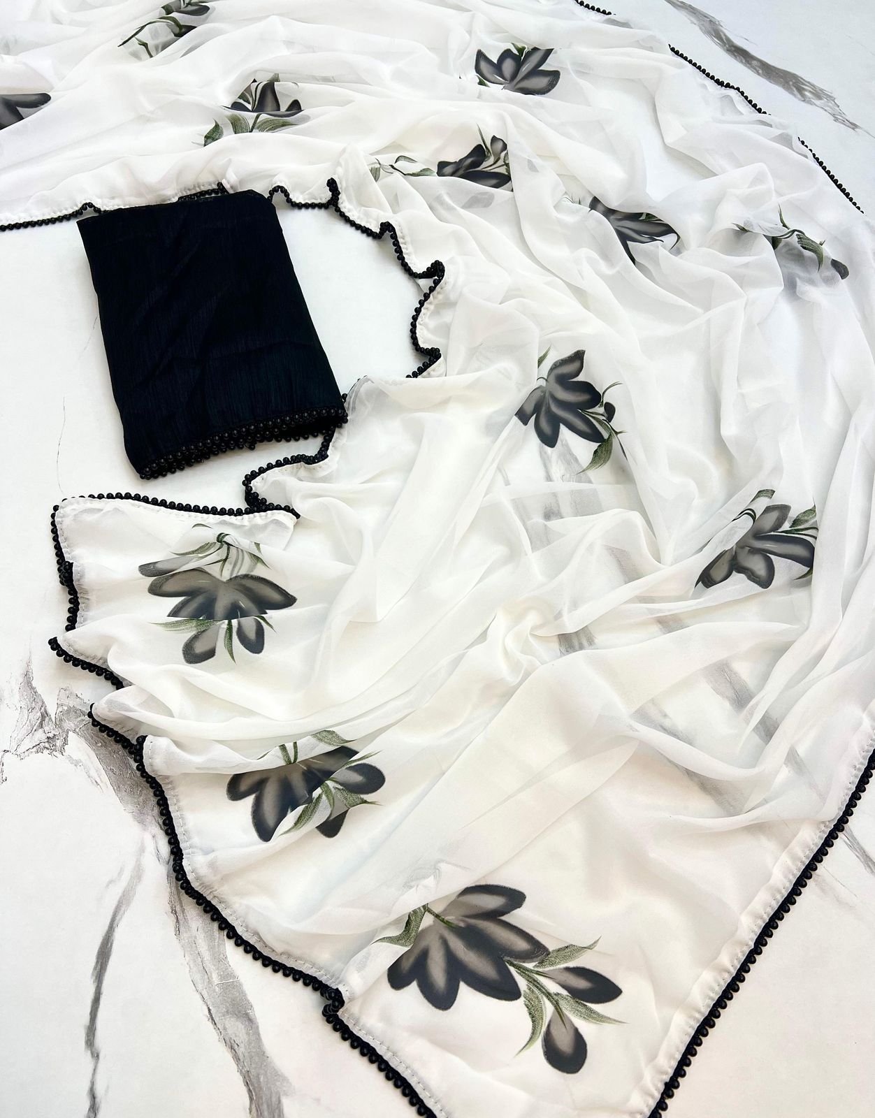 Black Pearl – Georgette Saree with Pearl Lace Border & Contrast Blouse