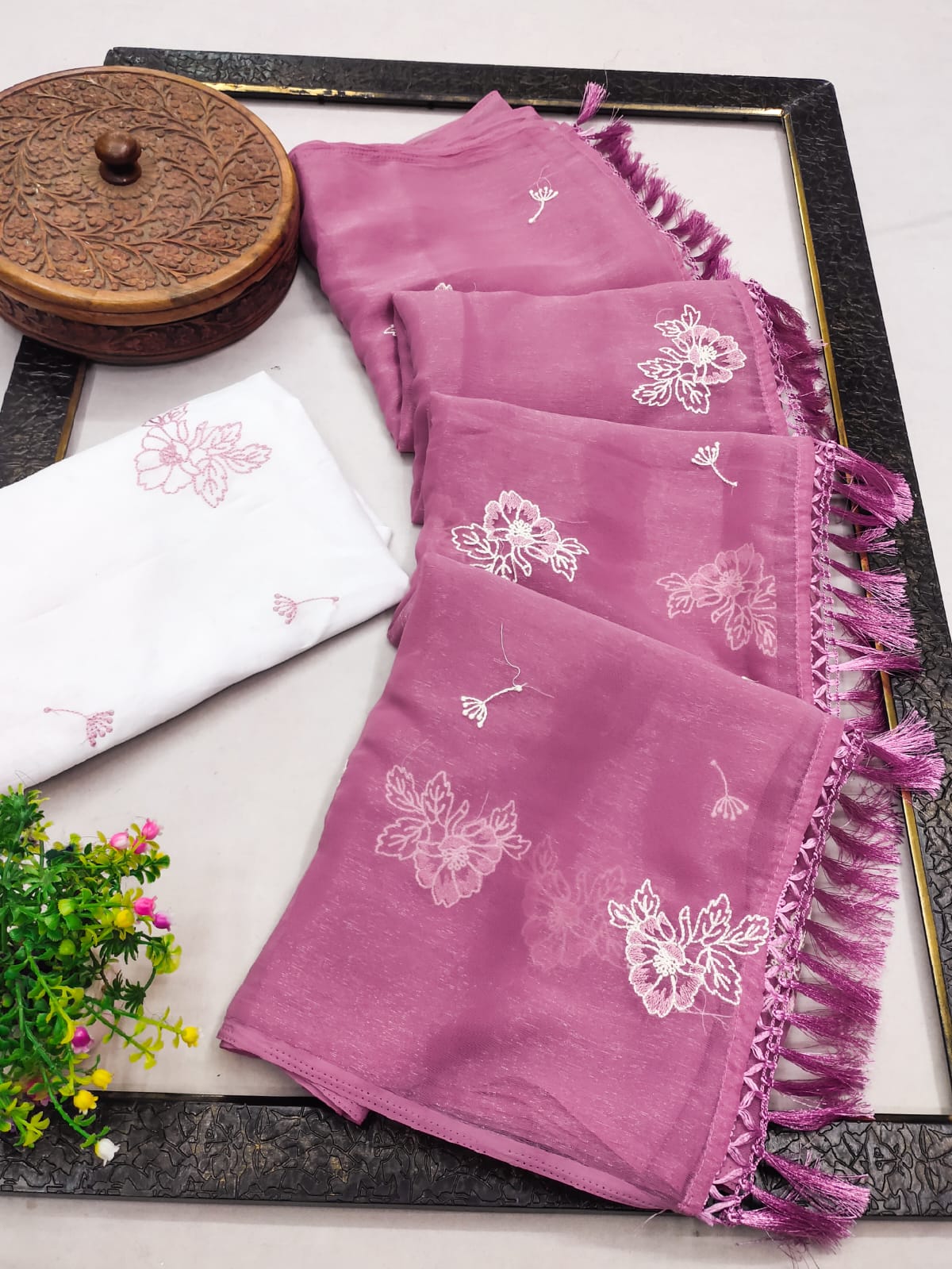 Premium Designer Embroidery White Thread Work With Lace Border Saree