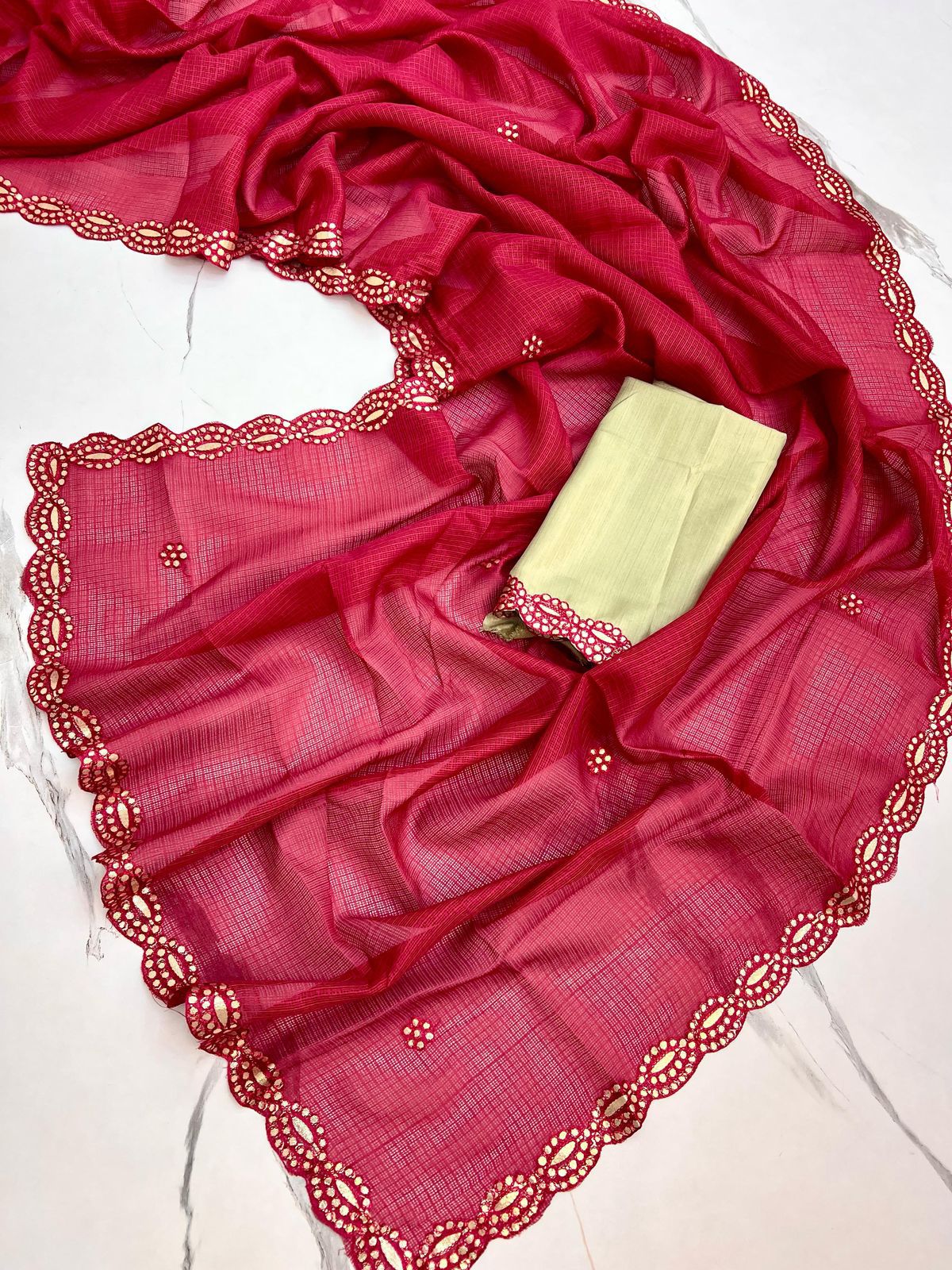 New Designer Kota Chex Fabric With Embroidery Gota Border Saree