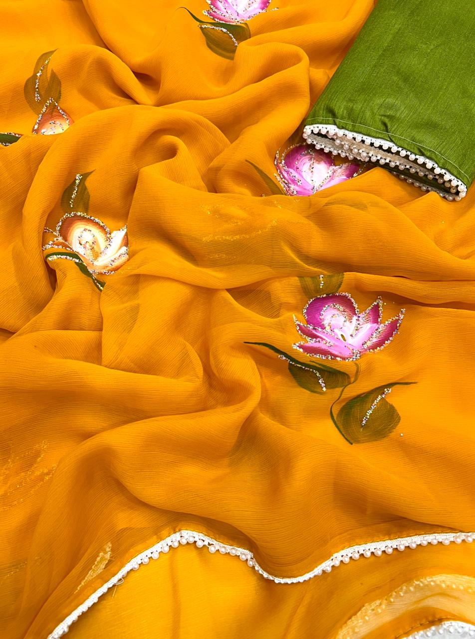 New Soft Chiffon Fabric With Beautiful Floral Handbrush Print With Golden Foil Touchup With White Pearl Lace And Contrast Art Silk Blouse