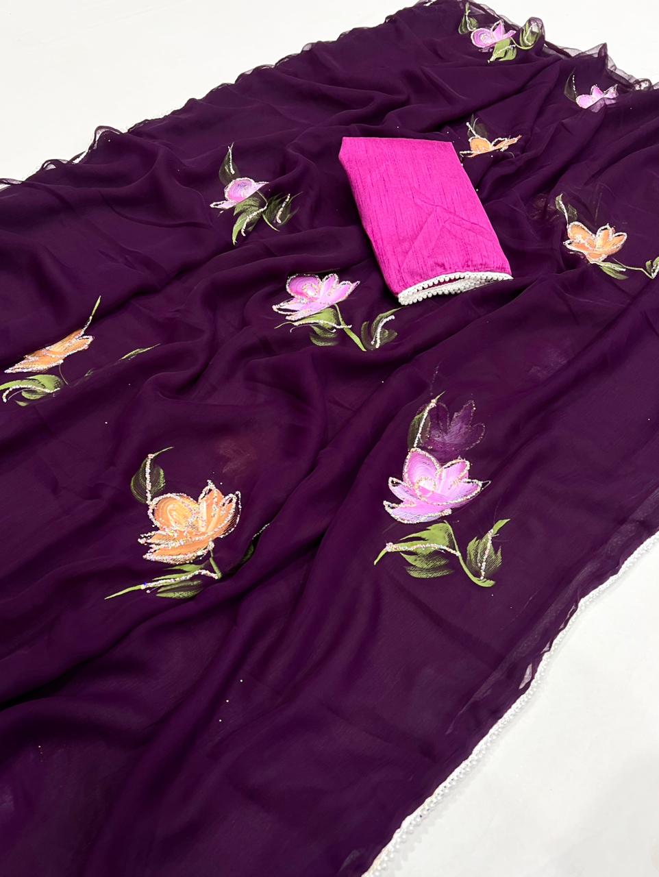 New Soft Chiffon Fabric With Beautiful Floral Handbrush Print With Golden Foil Touchup With White Pearl Lace And Contrast Art Silk Blouse