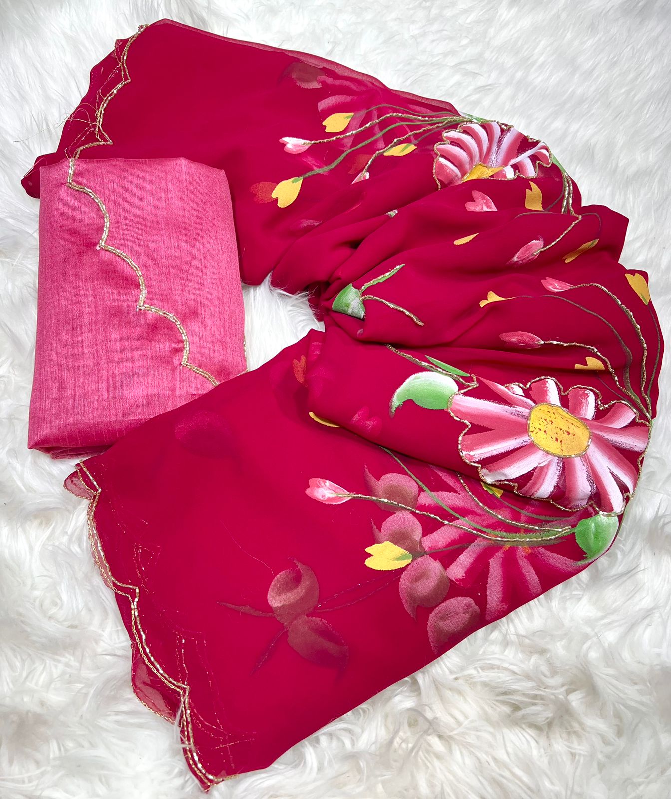 New Designer Soft Georgette Fabric Beautiful Floral Handbrush Print With CutDana Handwork Saree With Contrast Matching Handwork Blouse