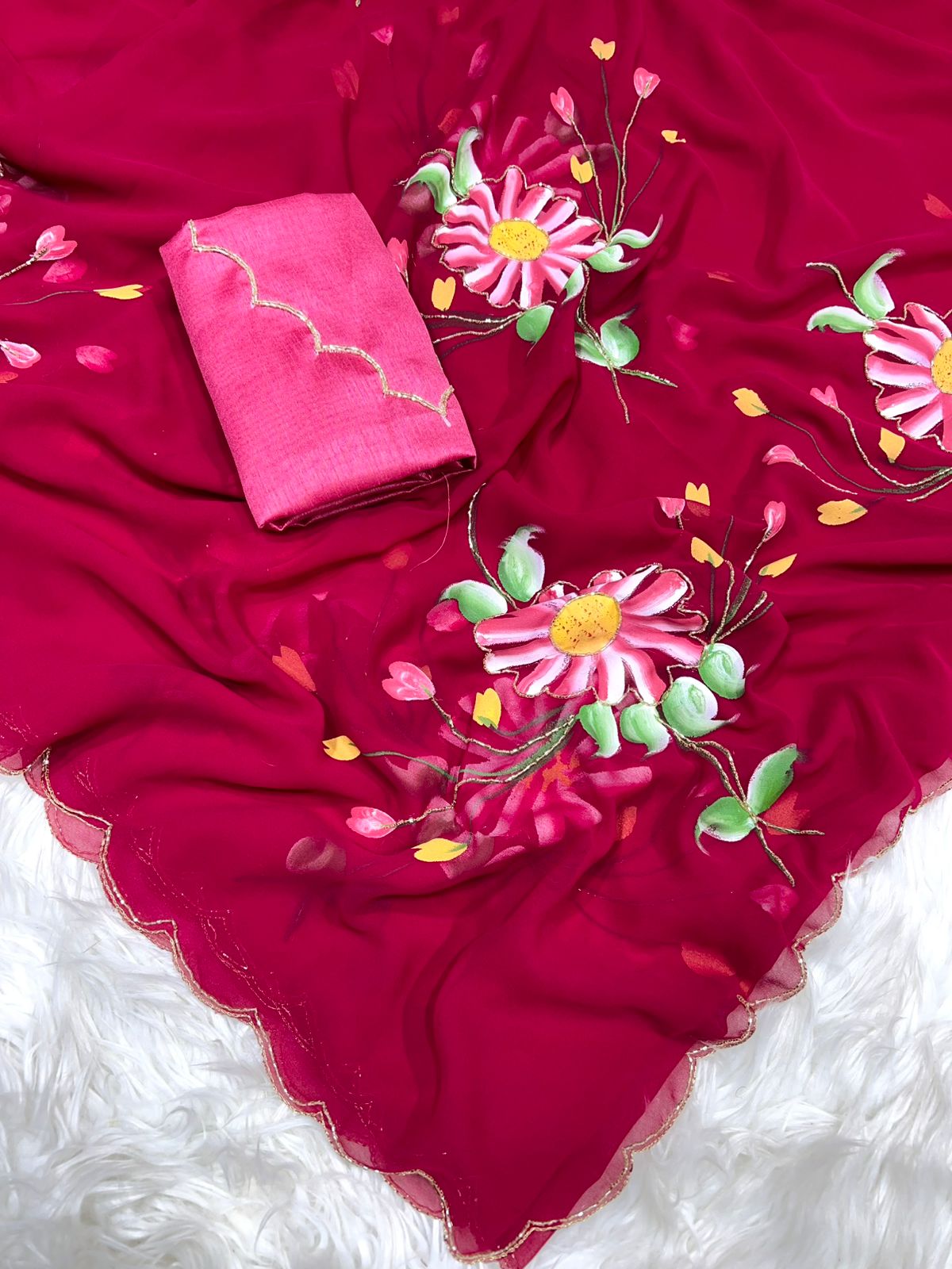 New Designer Soft Georgette Fabric Beautiful Floral Handbrush Print With CutDana Handwork Saree With Contrast Matching Handwork Blouse
