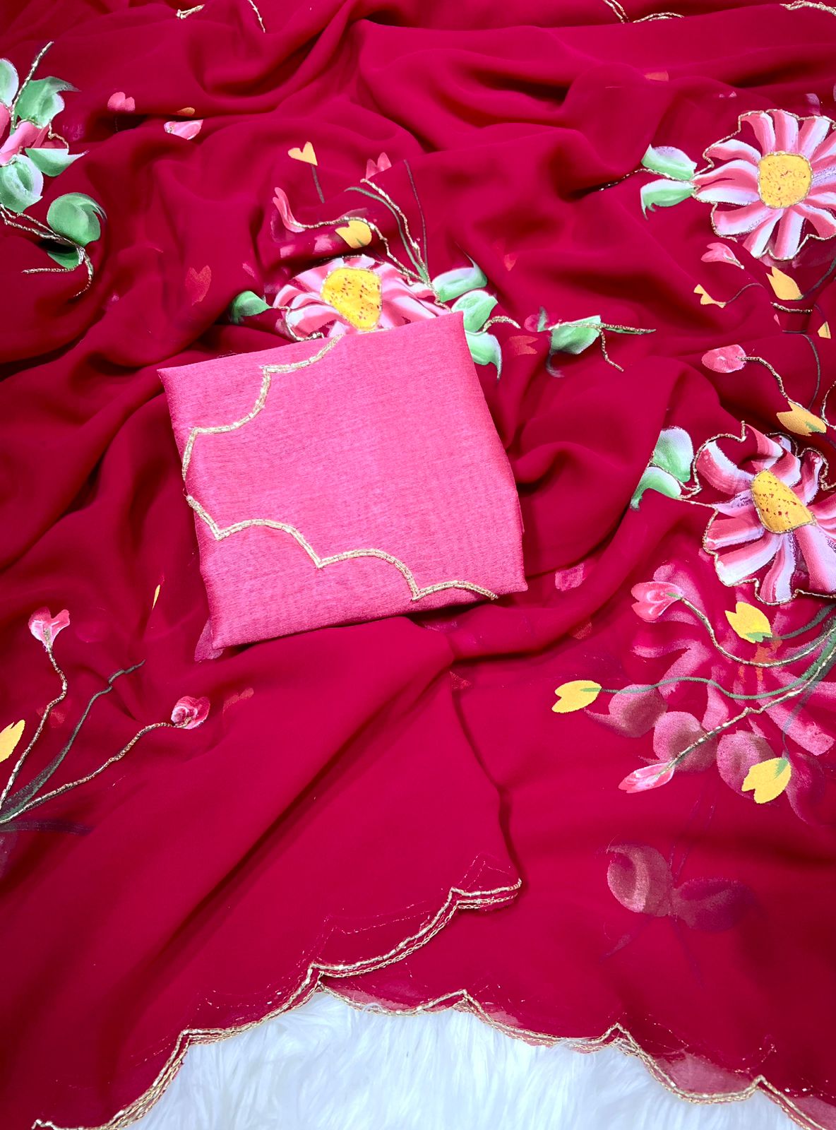 New Designer Soft Georgette Fabric Beautiful Floral Handbrush Print With CutDana Handwork Saree With Contrast Matching Handwork Blouse