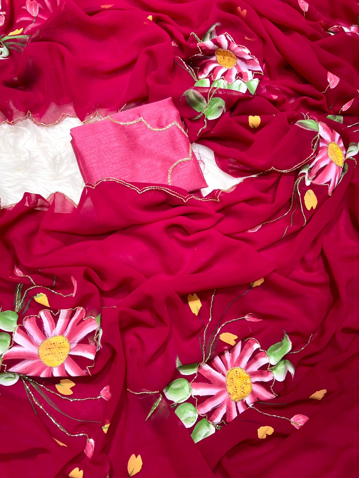 New Designer Soft Georgette Fabric Beautiful Floral Handbrush Print With CutDana Handwork Saree With Contrast Matching Handwork Blouse