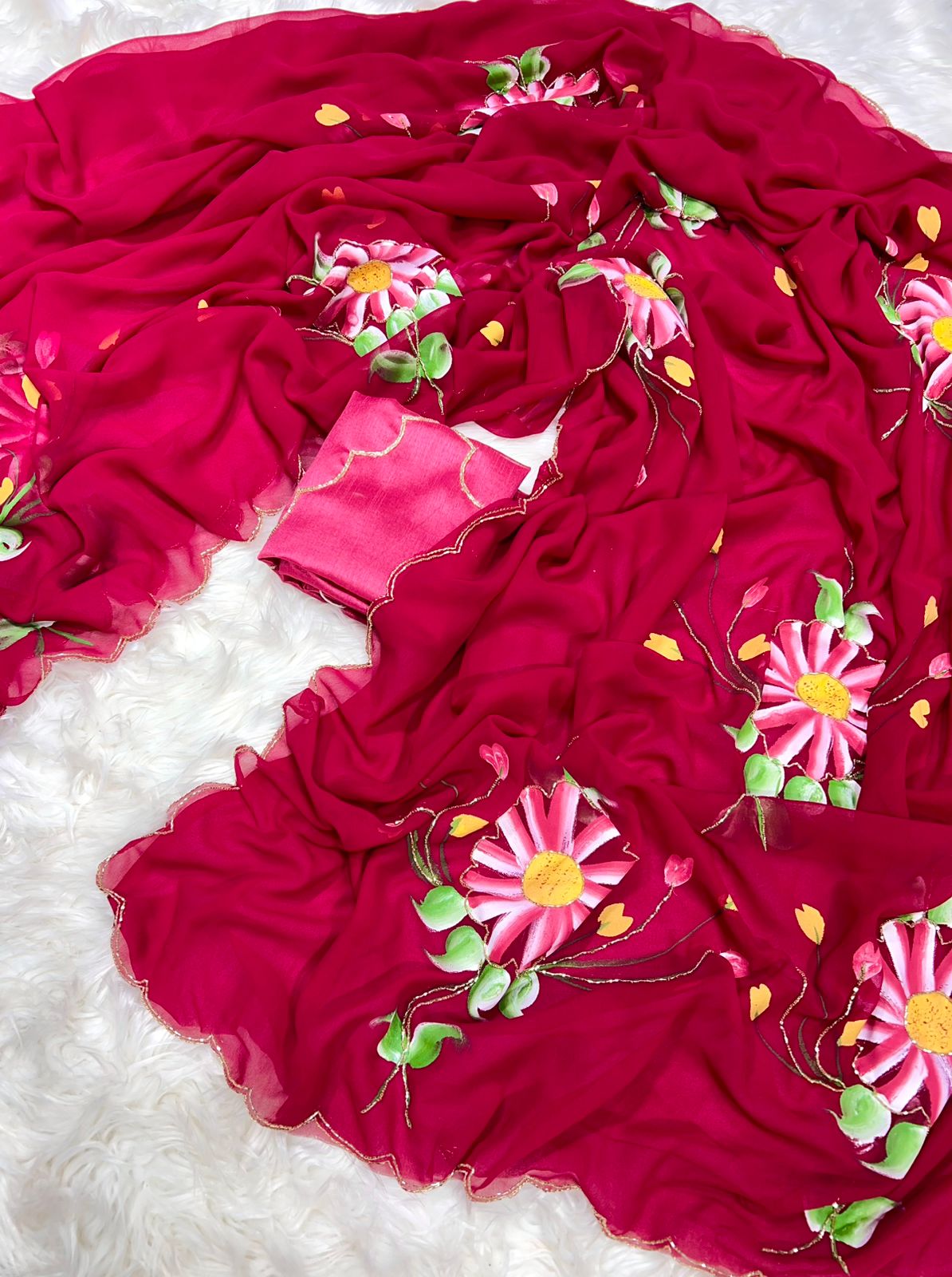 New Designer Soft Georgette Fabric Beautiful Floral Handbrush Print With CutDana Handwork Saree With Contrast Matching Handwork Blouse