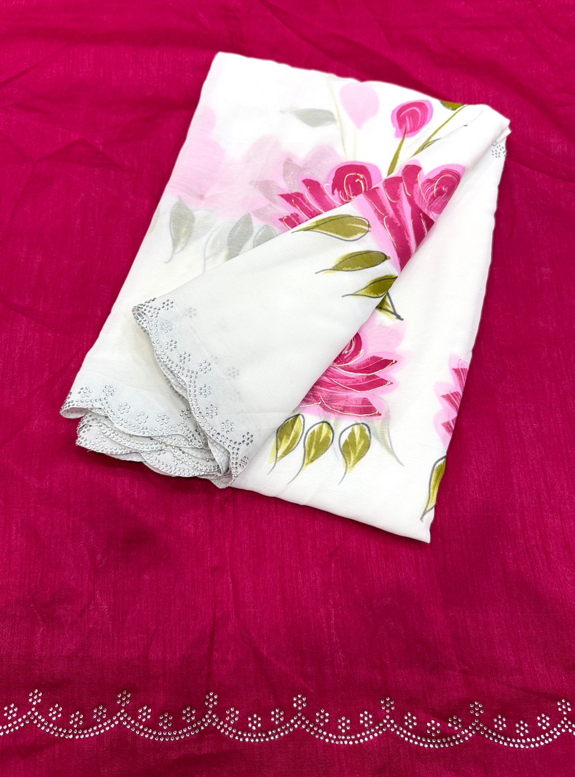 New Partywear Soft Georgette  Lotus Handbrush Print With Siroski Cutwork Bordar And Contrast Art Silk Blouse