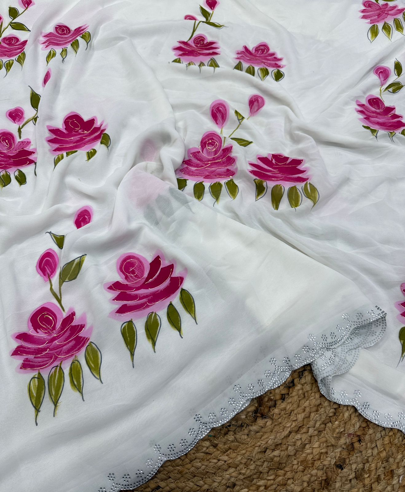 New Partywear Soft Georgette  Lotus Handbrush Print With Siroski Cutwork Bordar And Contrast Art Silk Blouse
