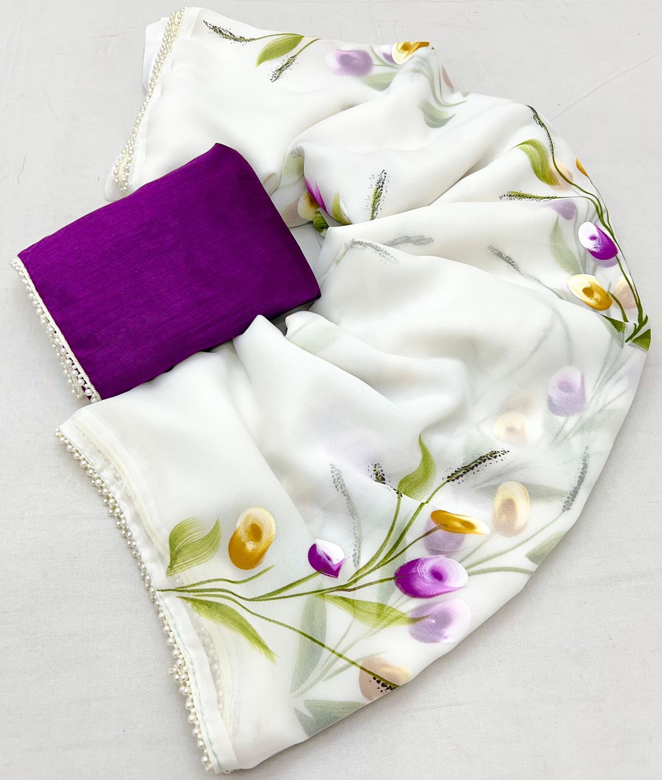 New Designer Georgette Fabric With Beautiful Floral Handbrush Print And Fancy Pearl (Moti) Lace Bordar With Contrast Art Silk Blouse