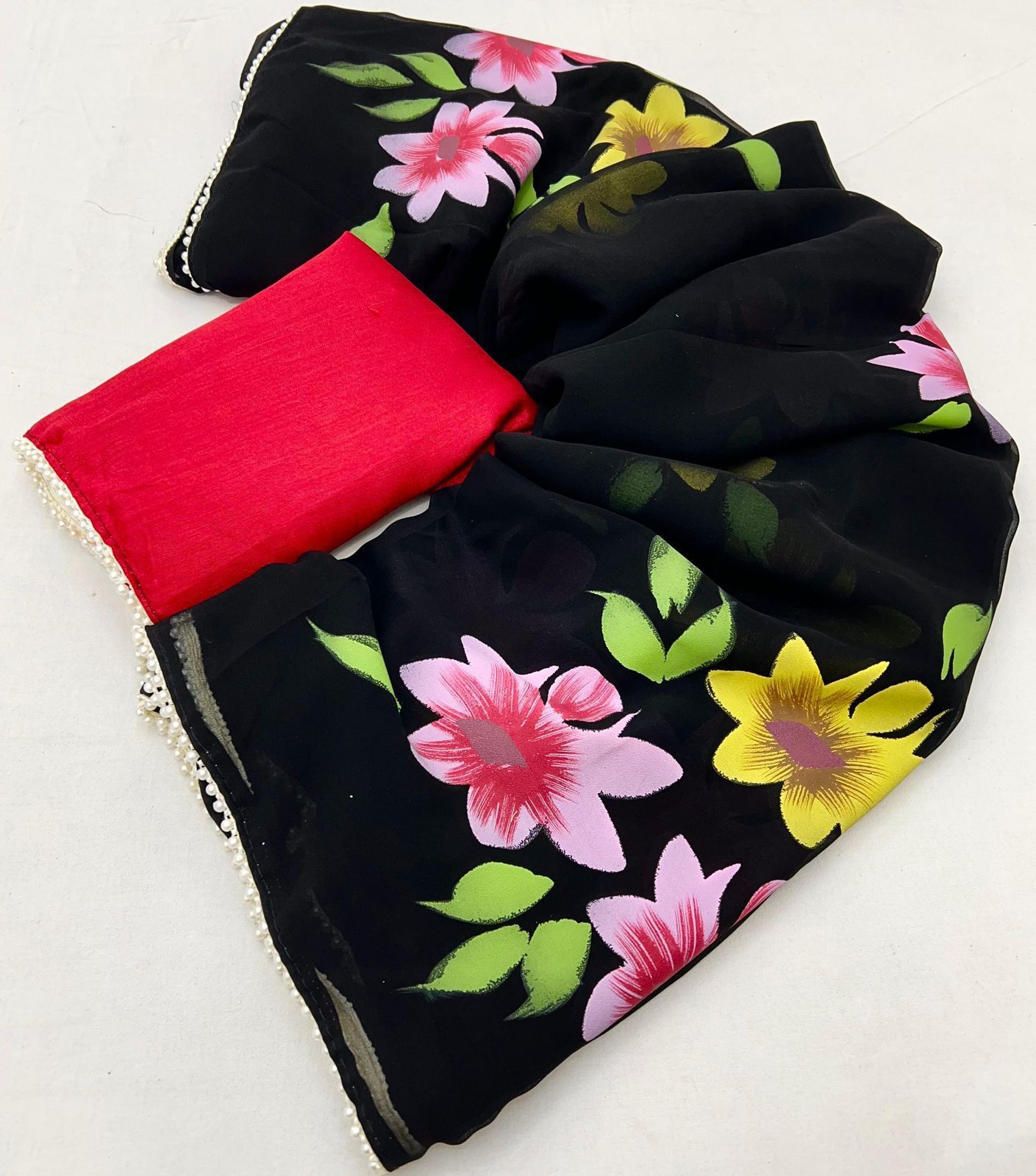 New Designer Georgette Fabric With Beautiful Floral Handbrush Print And Fancy Pearl (Moti) Lace Bordar With Contrast Art Silk Blouse