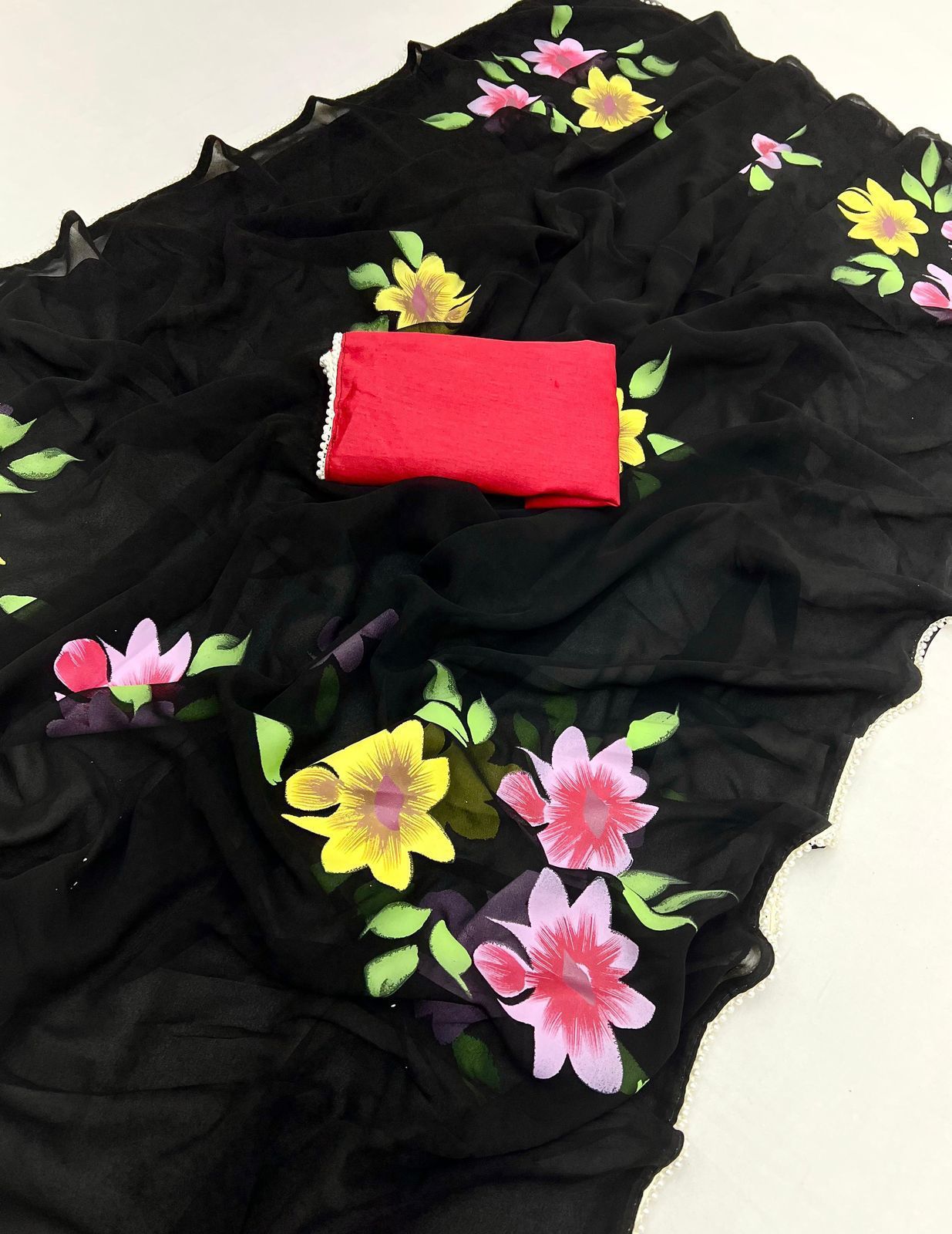 New Designer Georgette Fabric With Beautiful Floral Handbrush Print And Fancy Pearl (Moti) Lace Bordar With Contrast Art Silk Blouse