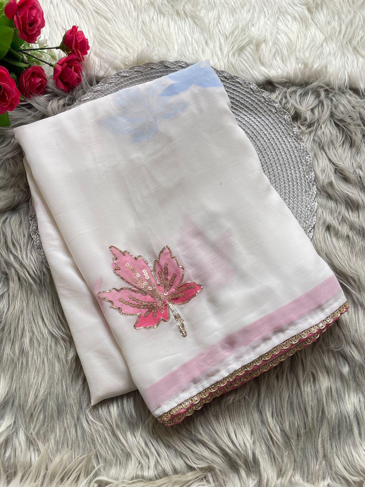 Latest Partywear White Color Soft Georgette Embroidery n Handbrush Print Work Fancy Designer Saree