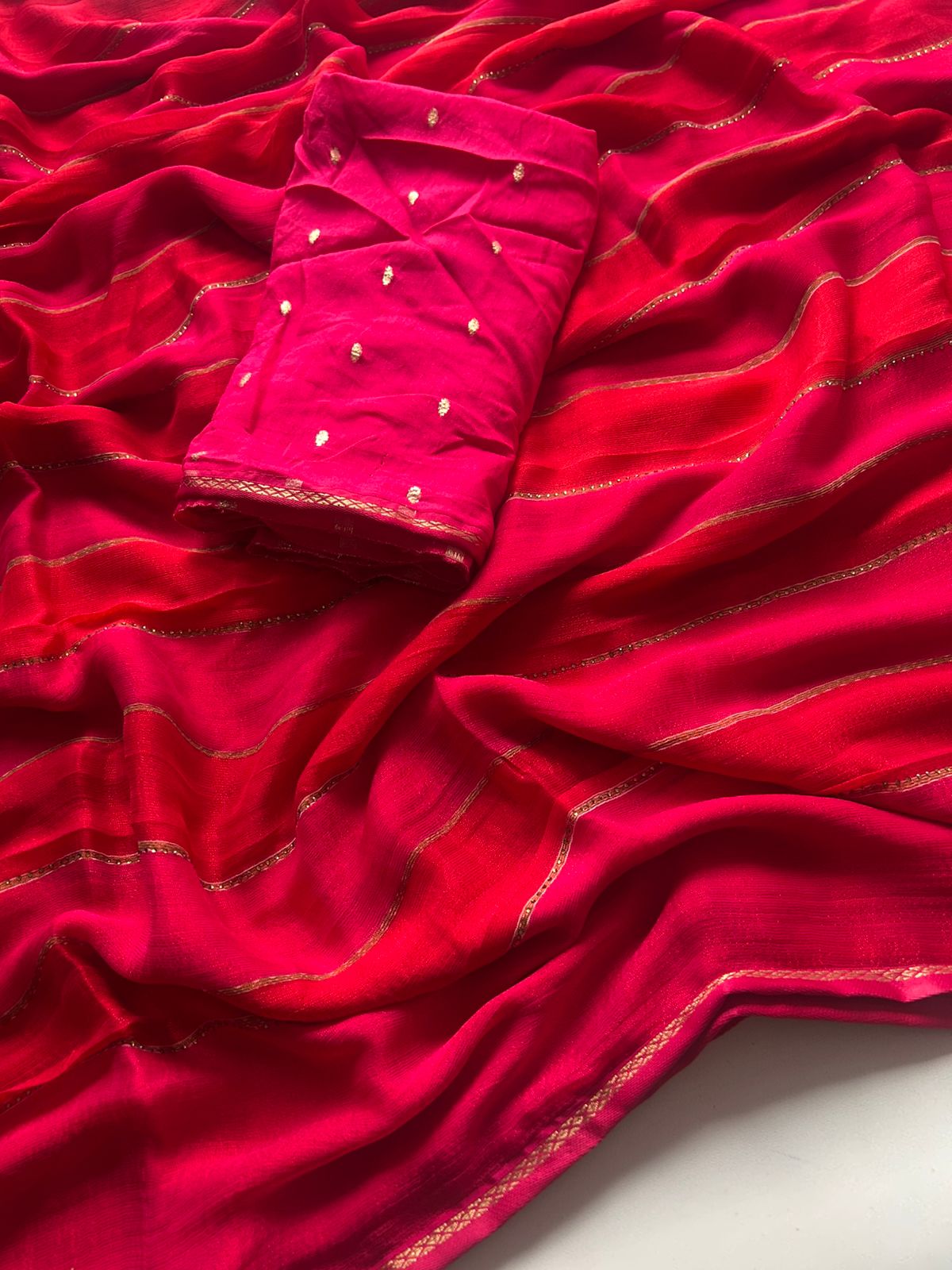 New Partywear Red Fancy Chiffon Georgette Saree with multi tone stipes allover stone drop work lines  Blouse as shown