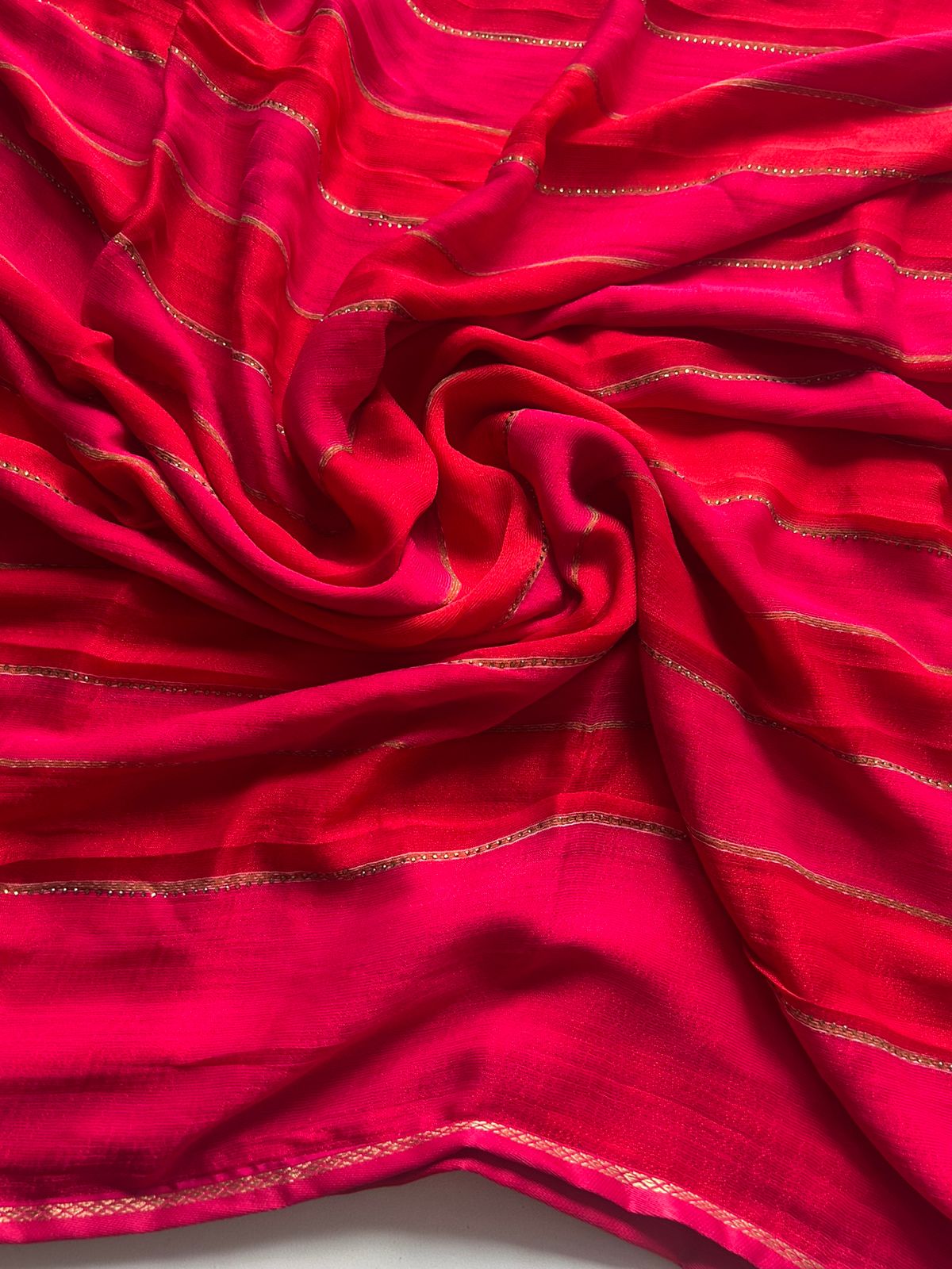 New Partywear Red Fancy Chiffon Georgette Saree with multi tone stipes allover stone drop work lines  Blouse as shown