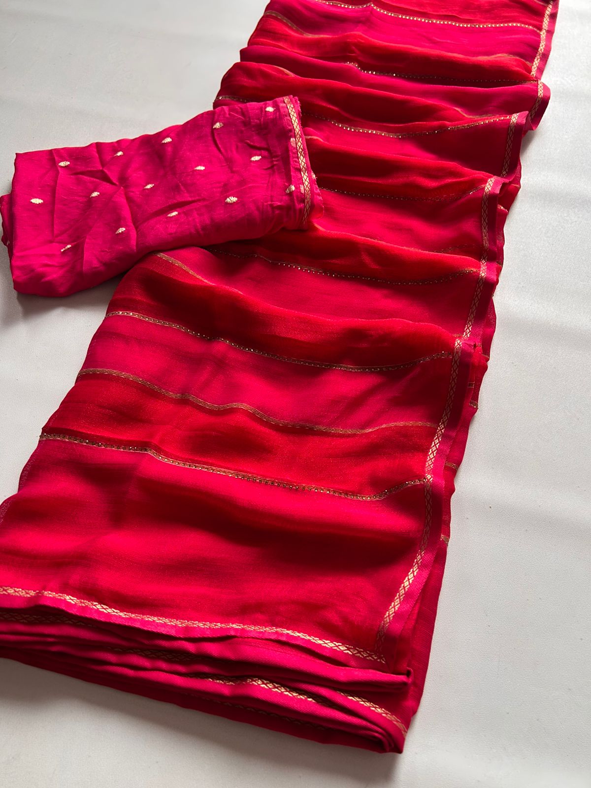 New Partywear Red Fancy Chiffon Georgette Saree with multi tone stipes allover stone drop work lines  Blouse as shown