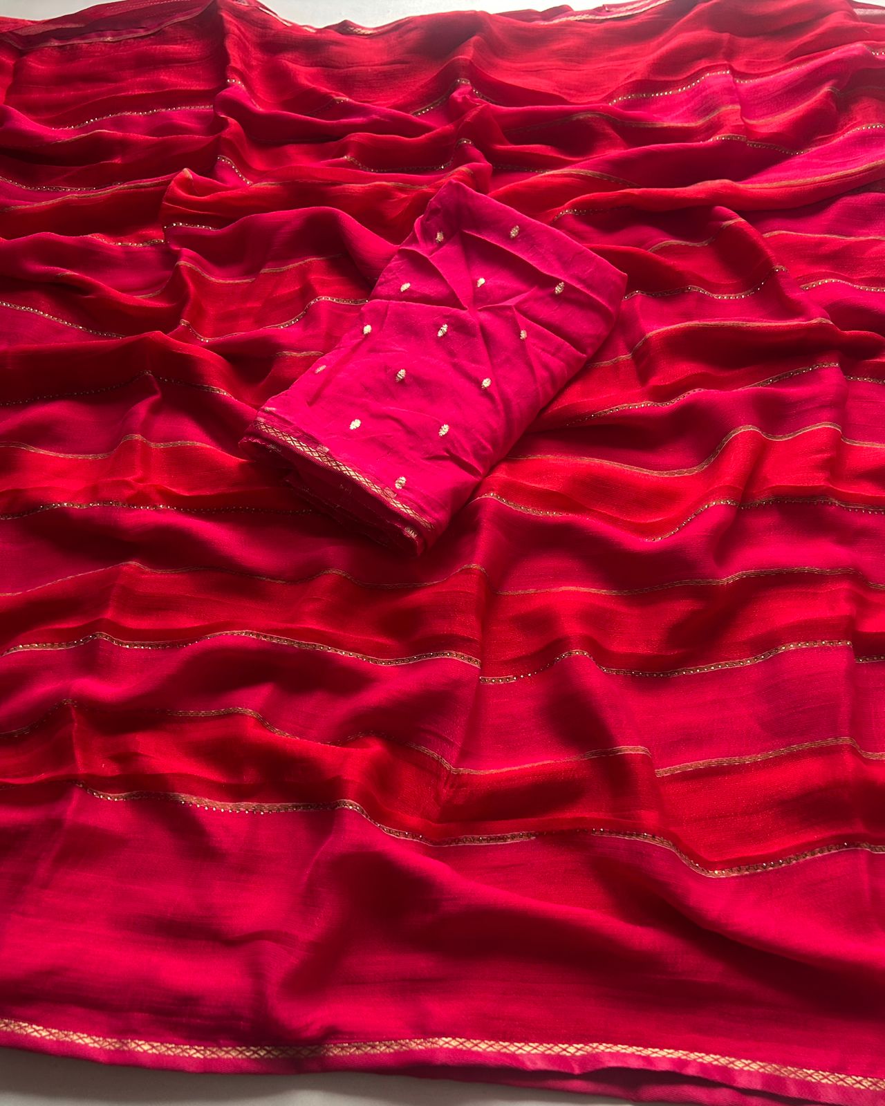 New Partywear Red Fancy Chiffon Georgette Saree with multi tone stipes allover stone drop work lines  Blouse as shown