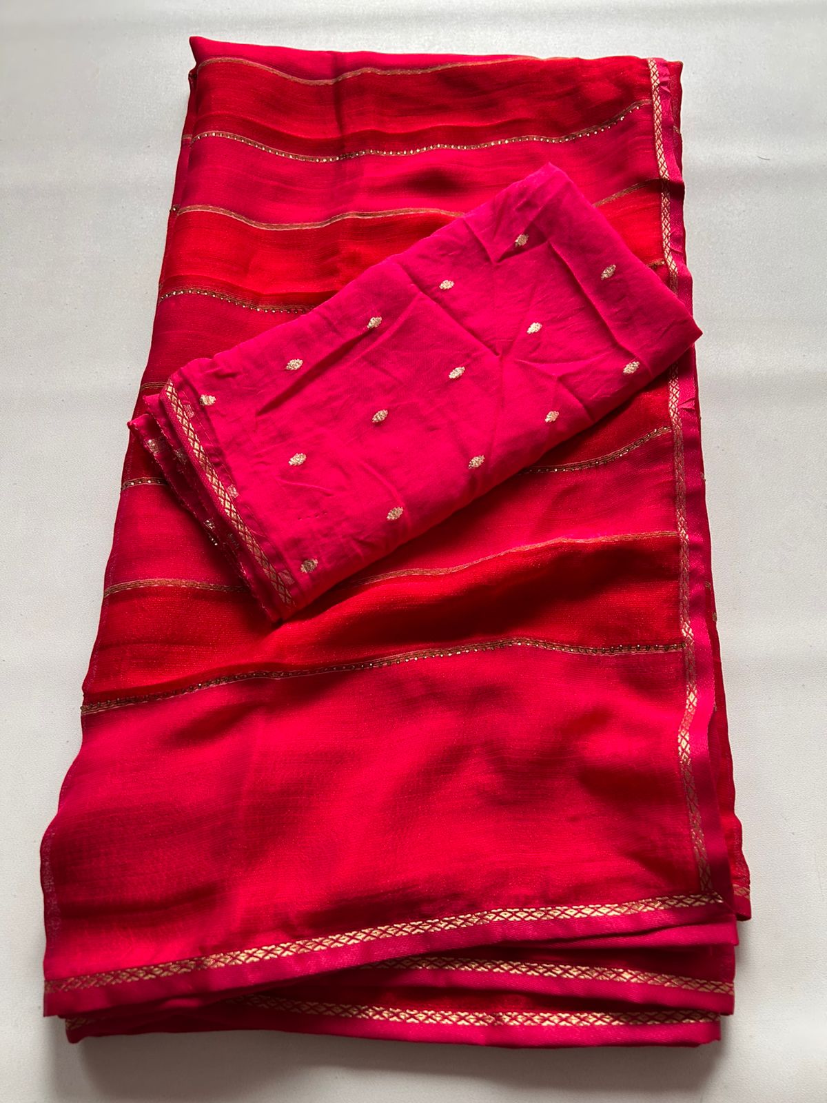 New Partywear Red Fancy Chiffon Georgette Saree with multi tone stipes allover stone drop work lines  Blouse as shown