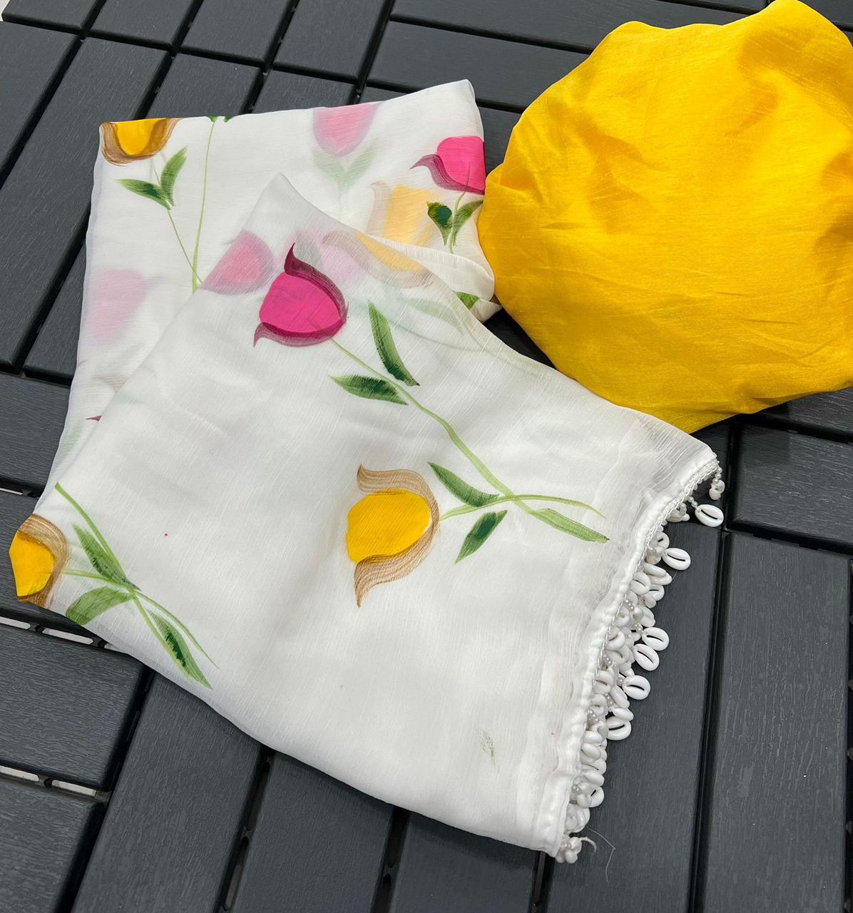 New Partywear Chiffon Fabric With Beautiful Floral Handbrush Print With Foil And Fancy  (Moti ) Lace Bordar With Contrast Art Silk Blouse