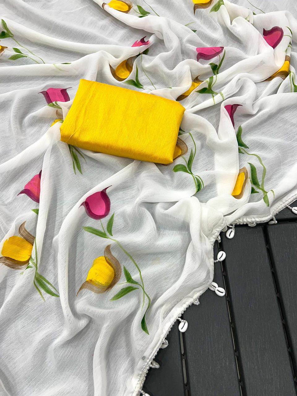New Partywear Chiffon Fabric With Beautiful Floral Handbrush Print With Foil And Fancy  (Moti ) Lace Bordar With Contrast Art Silk Blouse