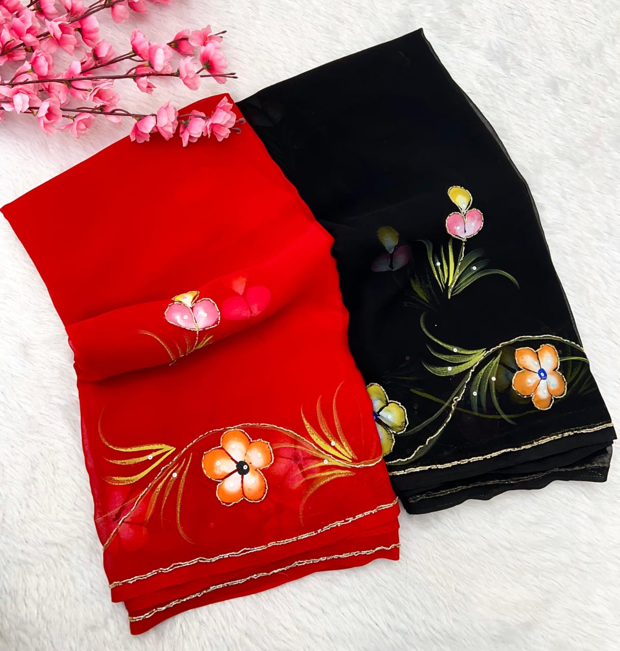 New Partywear Pure Georgette Handwork Floral Handbrush & Khatli Work Saree