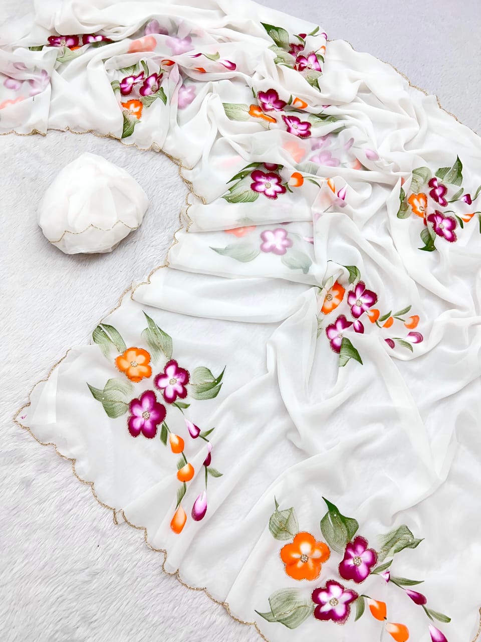 New Partywear Pure Georgette Handwork Saree – Floral Handbrush & Khatli Work