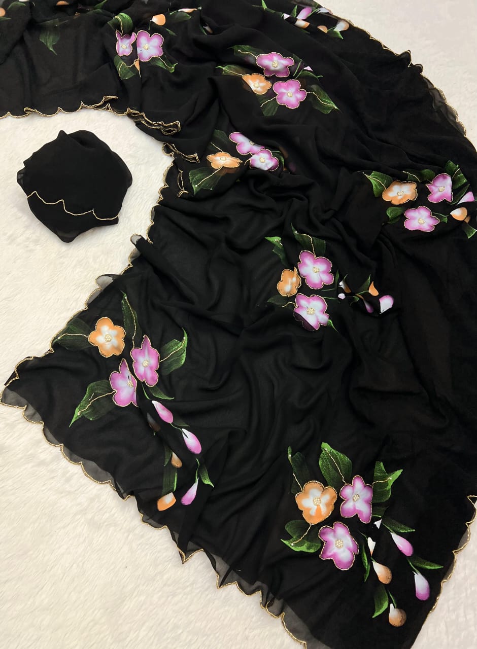 New Partywear Pure Georgette Handwork Saree – Floral Handbrush & Khatli Work