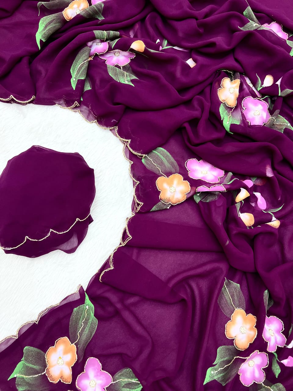 New Partywear Pure Georgette Handwork Saree – Floral Handbrush & Khatli Work