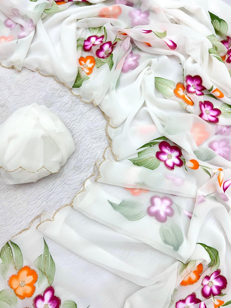New Partywear Pure Georgette Handwork Saree – Floral Handbrush & Khatli Work