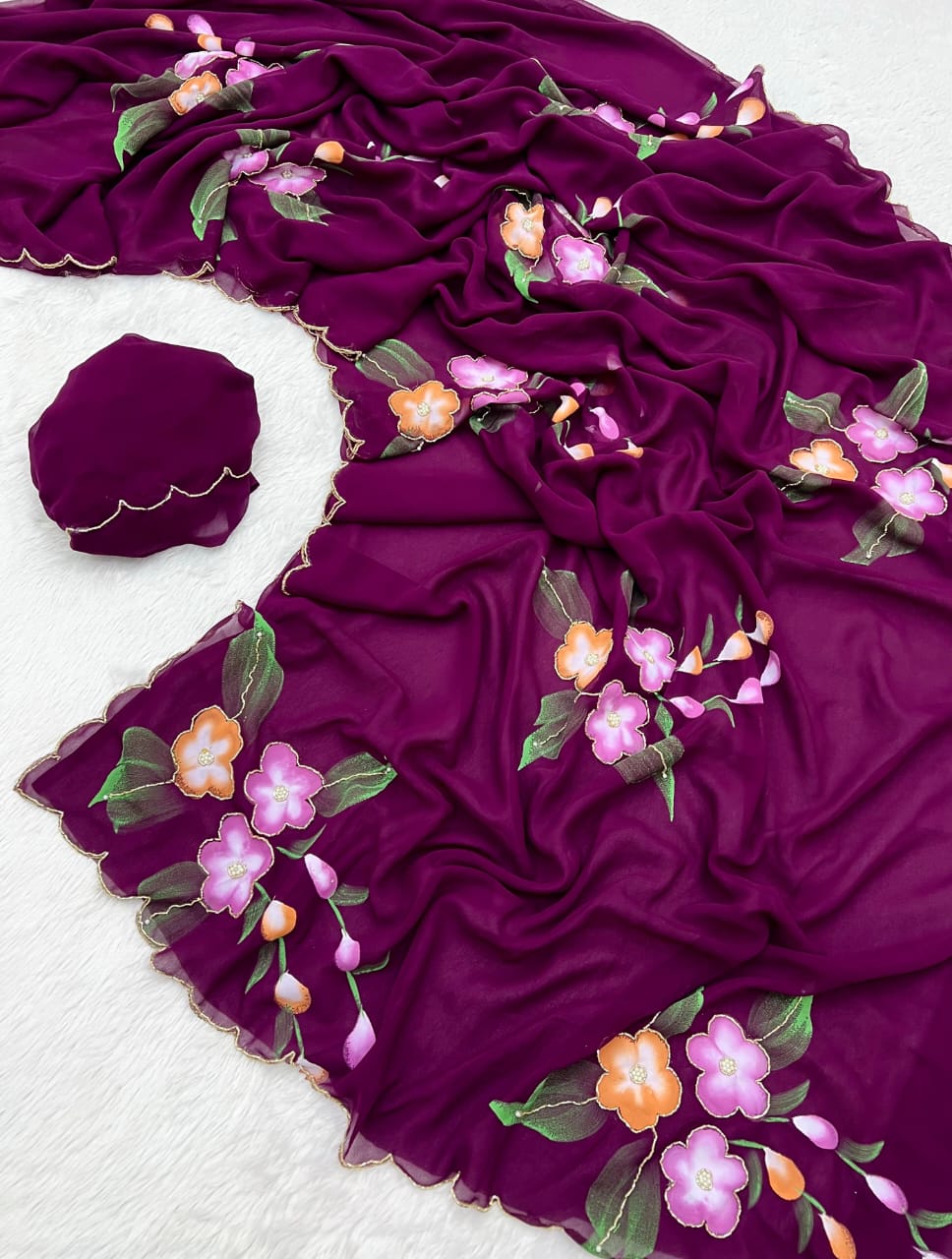 New Partywear Pure Georgette Handwork Saree – Floral Handbrush & Khatli Work