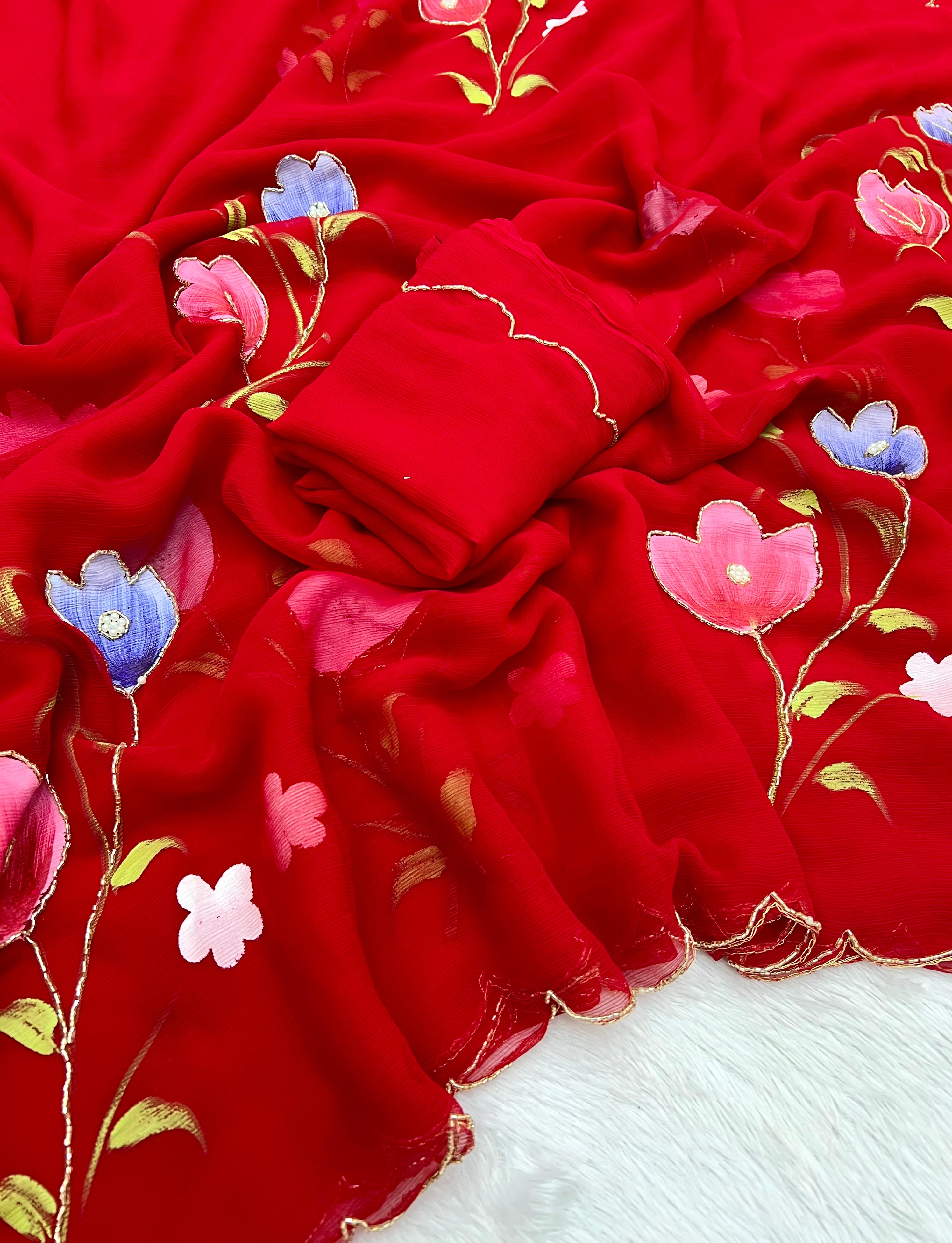 New Designer Pure Chiffon Handwork with Handbrush Floral & Cutwork Design Saree
