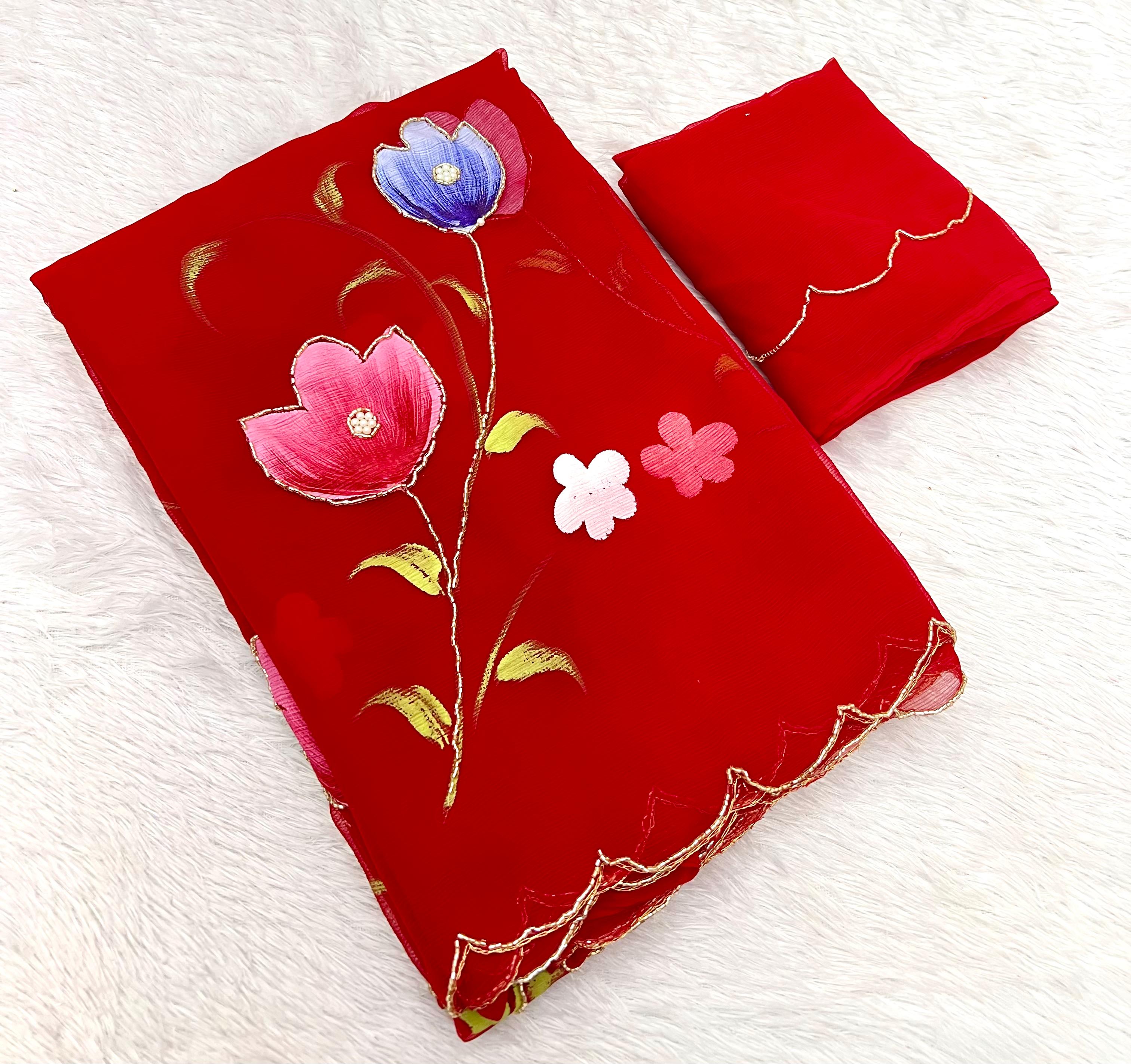 New Designer Pure Chiffon Handwork with Handbrush Floral & Cutwork Design Saree
