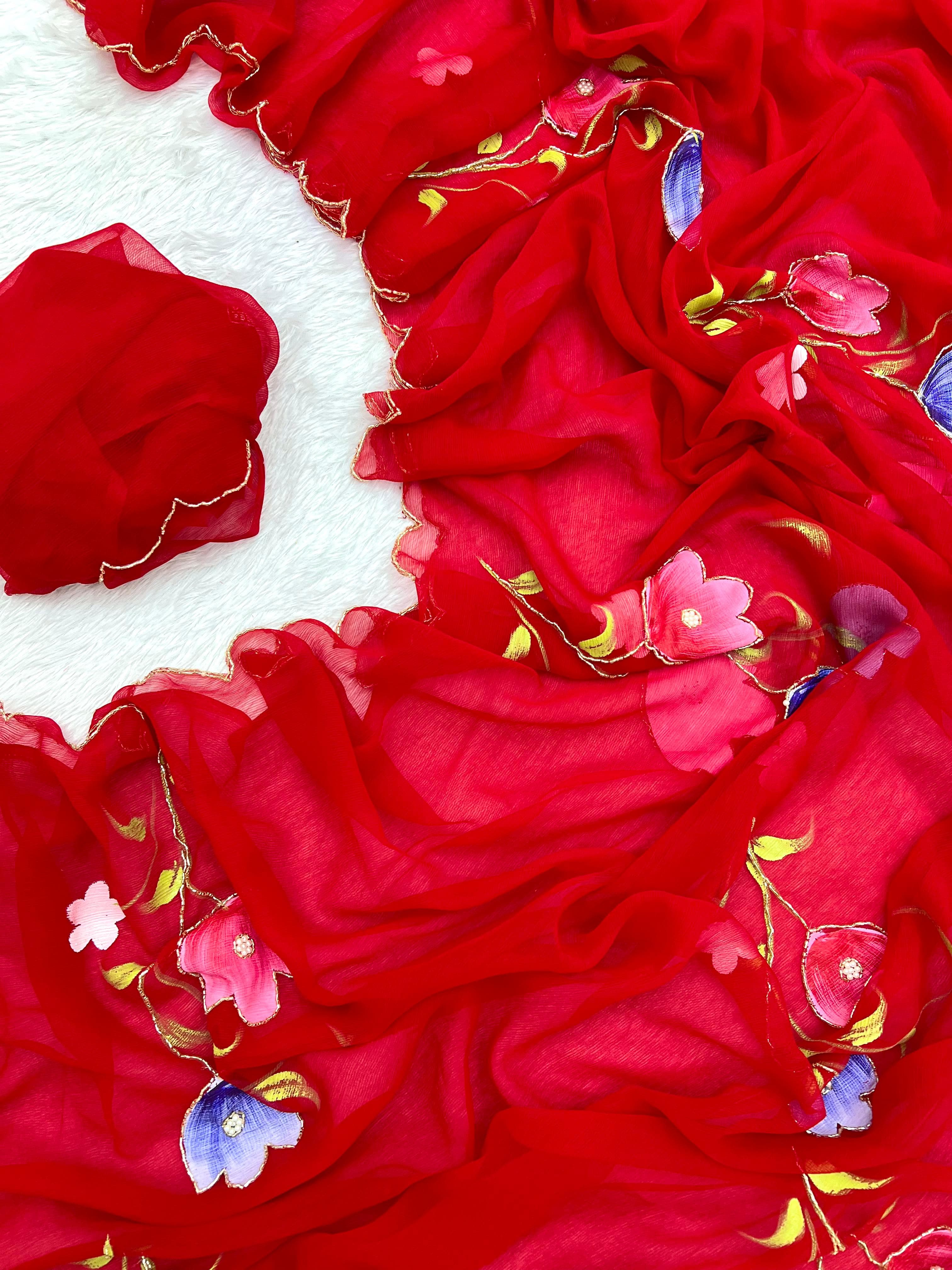 New Designer Pure Chiffon Handwork with Handbrush Floral & Cutwork Design Saree