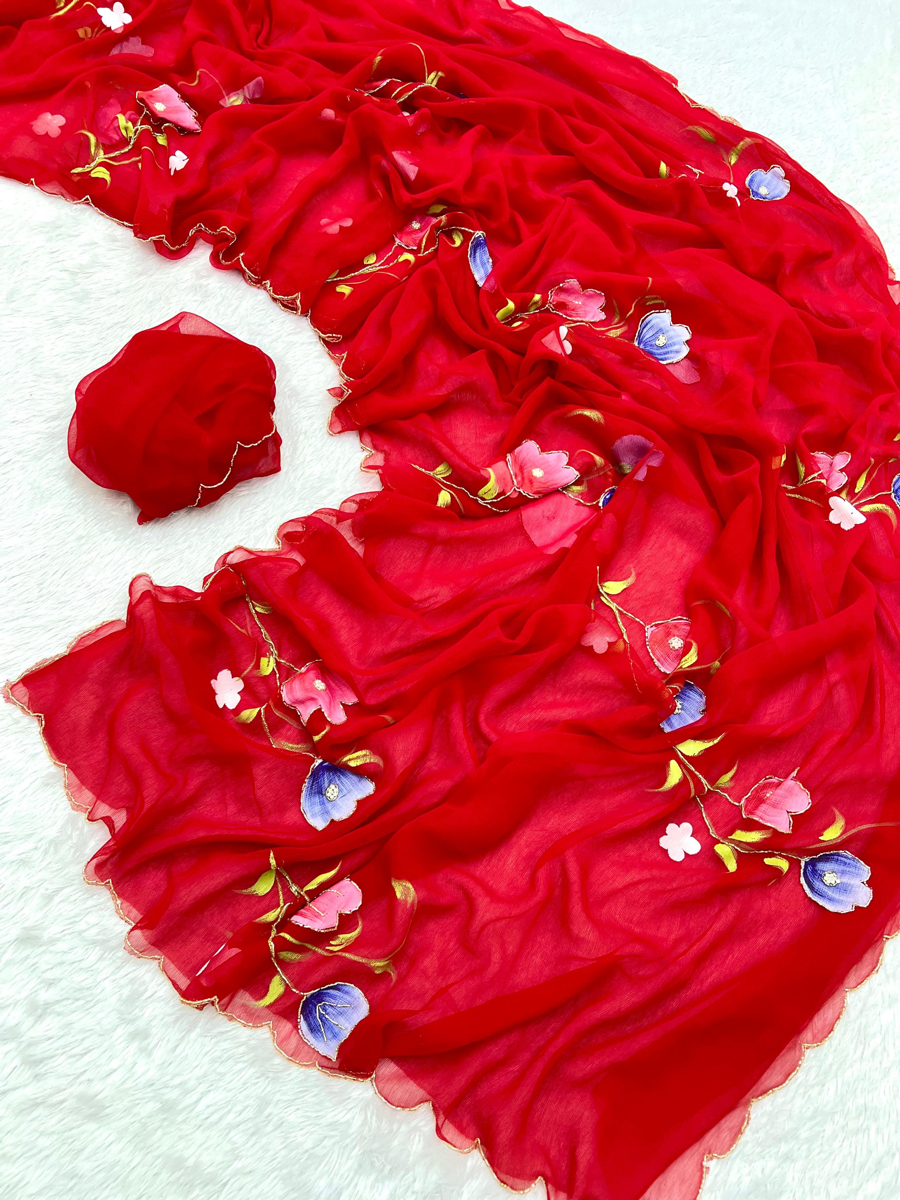 New Designer Pure Chiffon Handwork with Handbrush Floral & Cutwork Design Saree