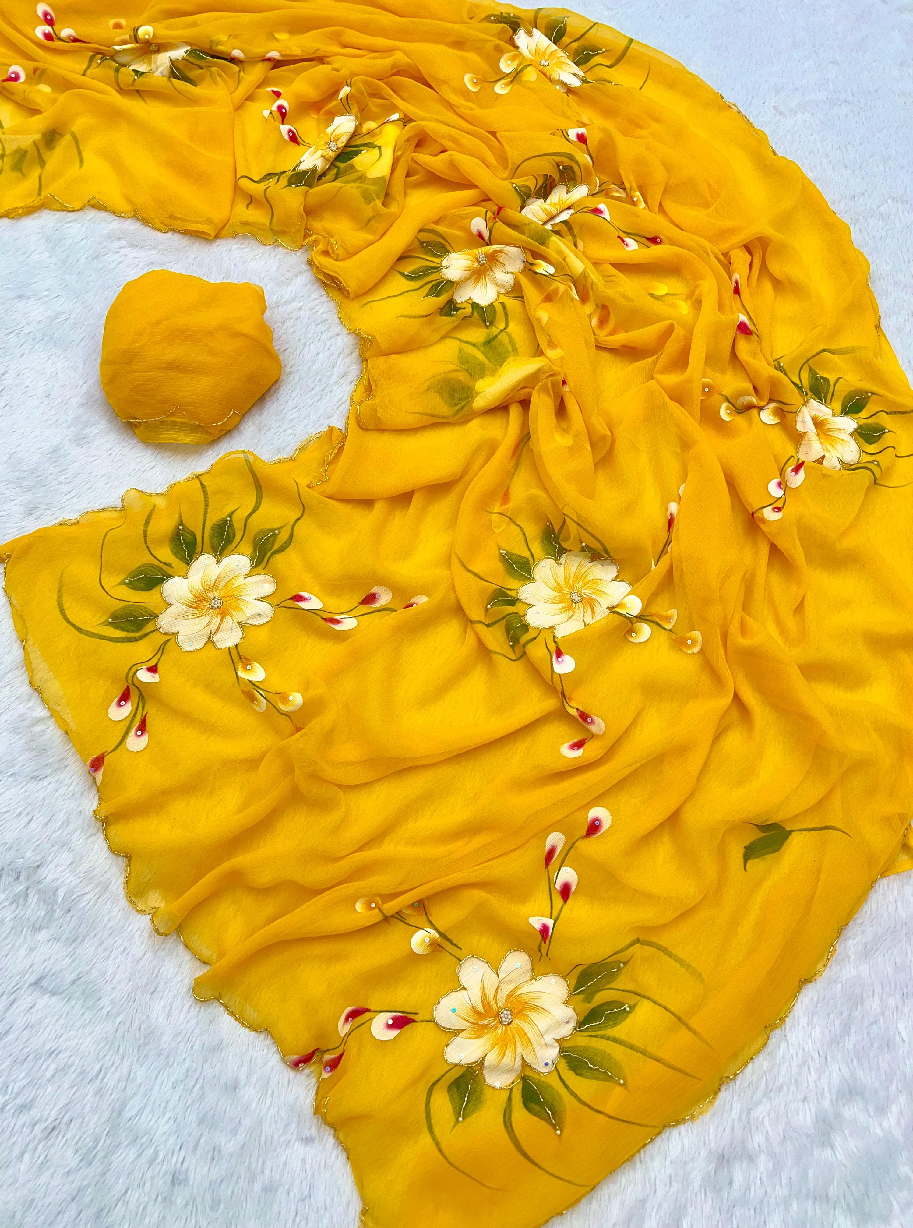 New Partywear Yellow Color Pure Chiffon Handwork  with Handbrush Floral & Cutwork Detailing Saree