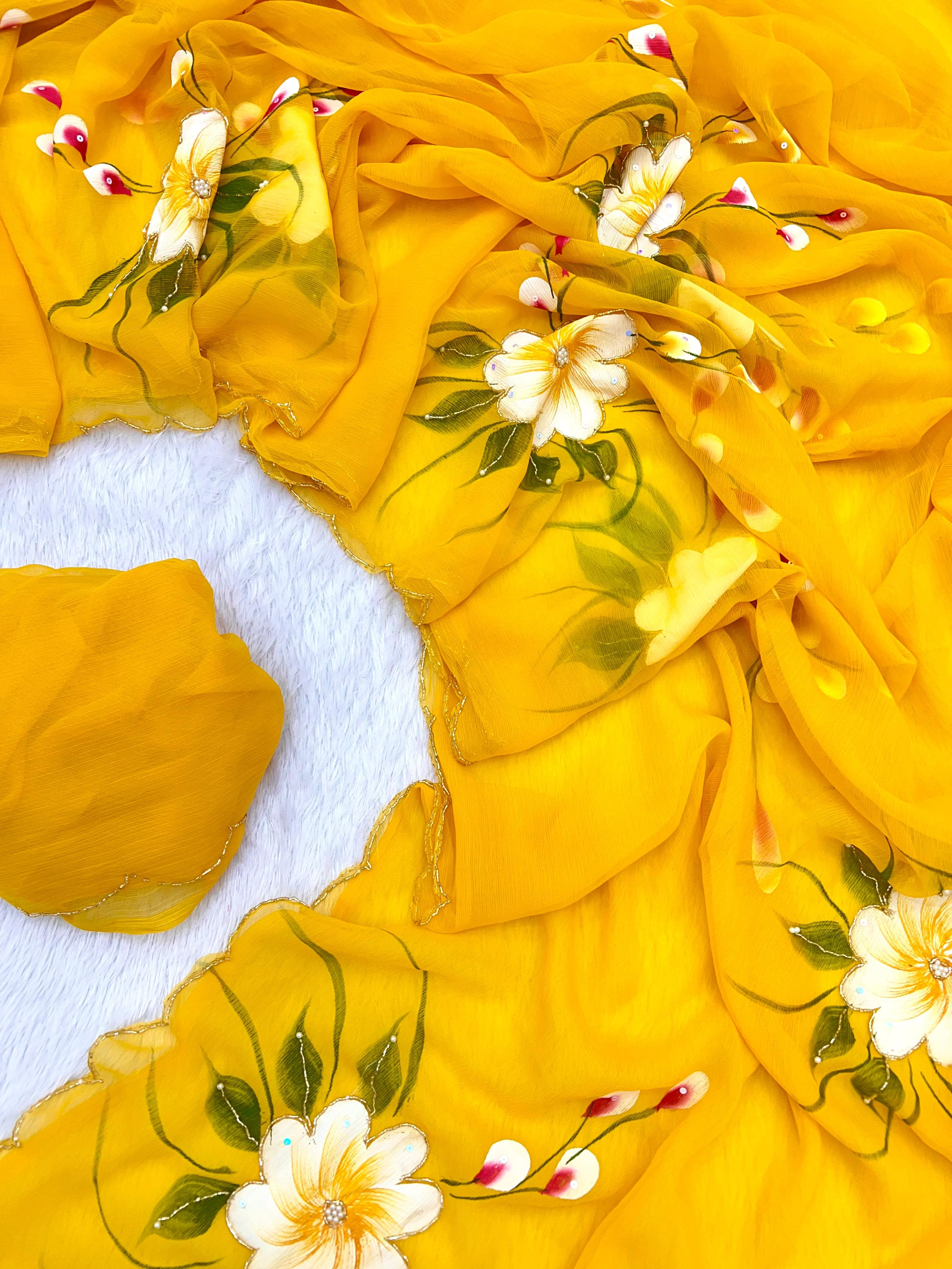 New Partywear Yellow Color Pure Chiffon Handwork  with Handbrush Floral & Cutwork Detailing Saree