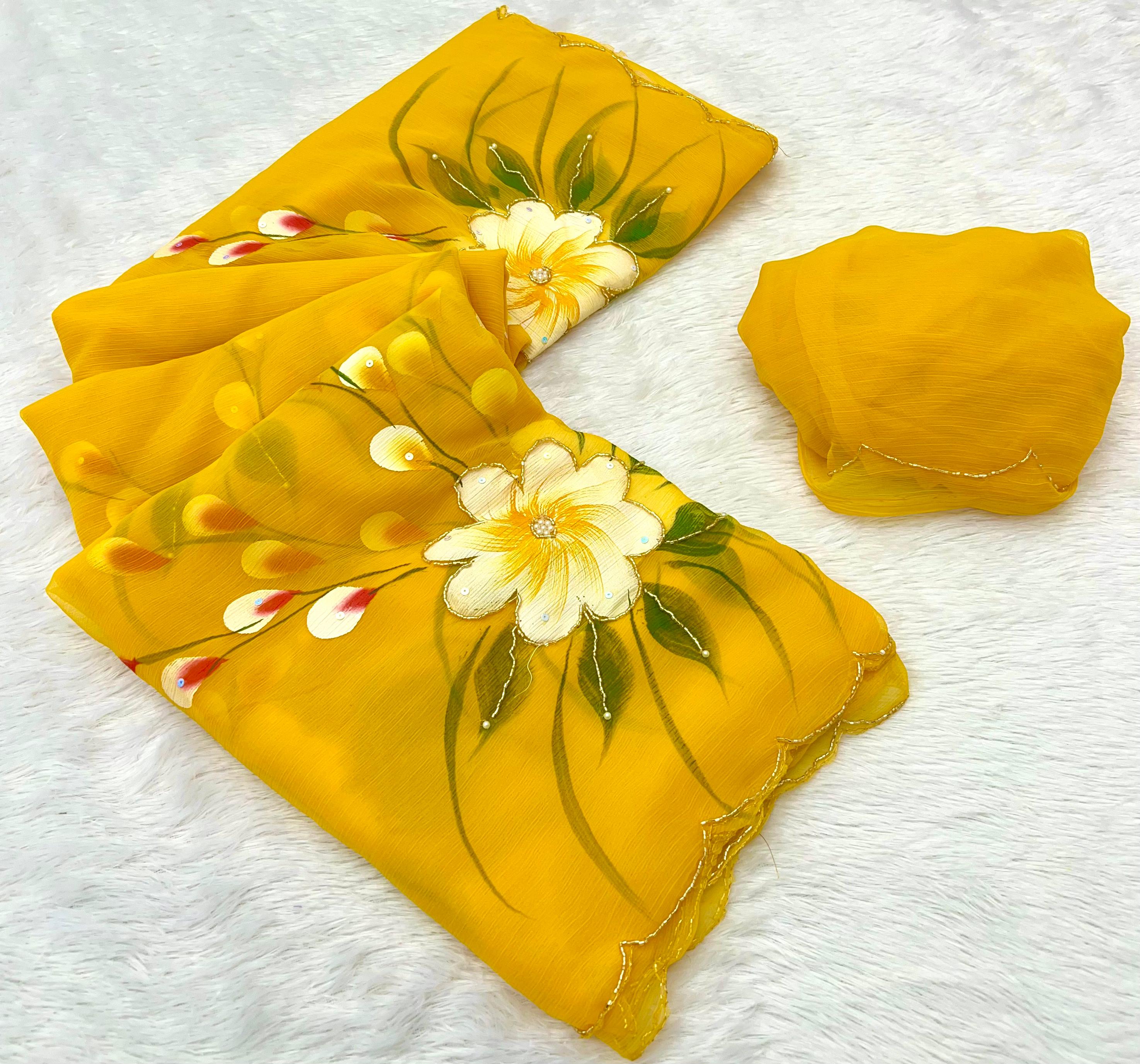 New Partywear Yellow Color Pure Chiffon Handwork  with Handbrush Floral & Cutwork Detailing Saree