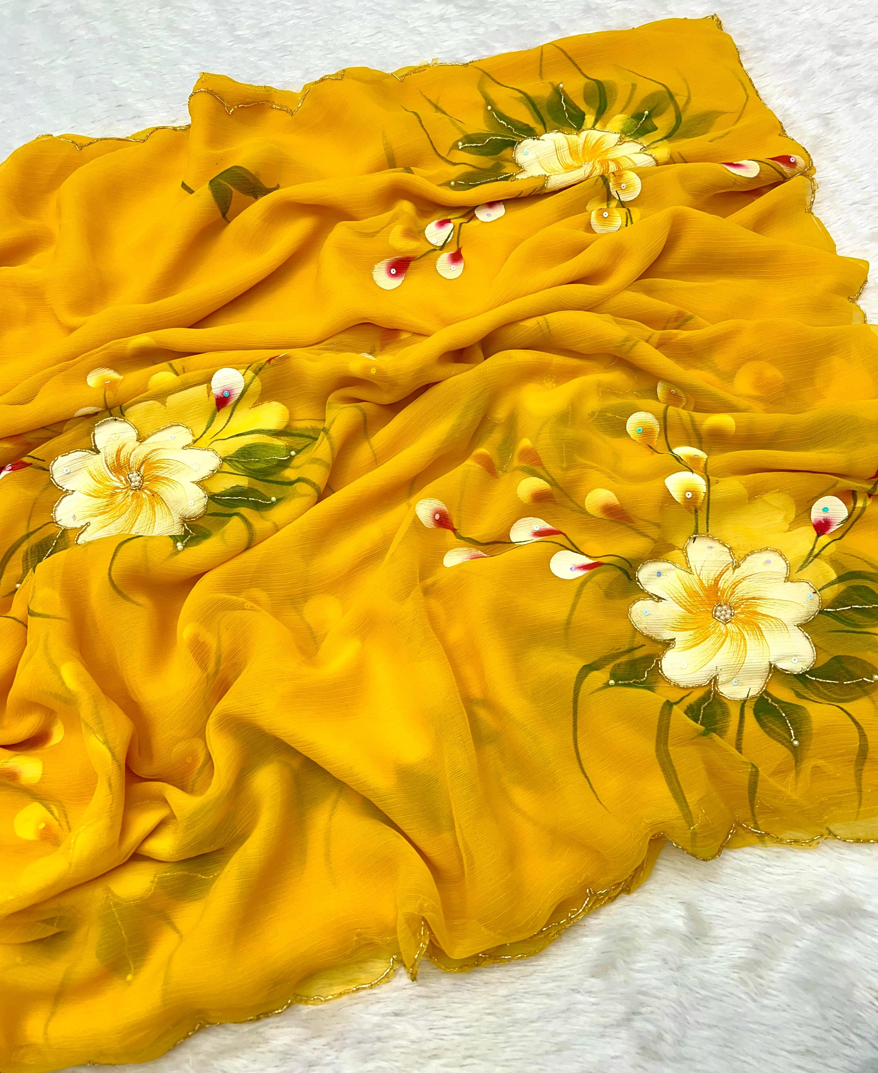 New Partywear Yellow Color Pure Chiffon Handwork  with Handbrush Floral & Cutwork Detailing Saree