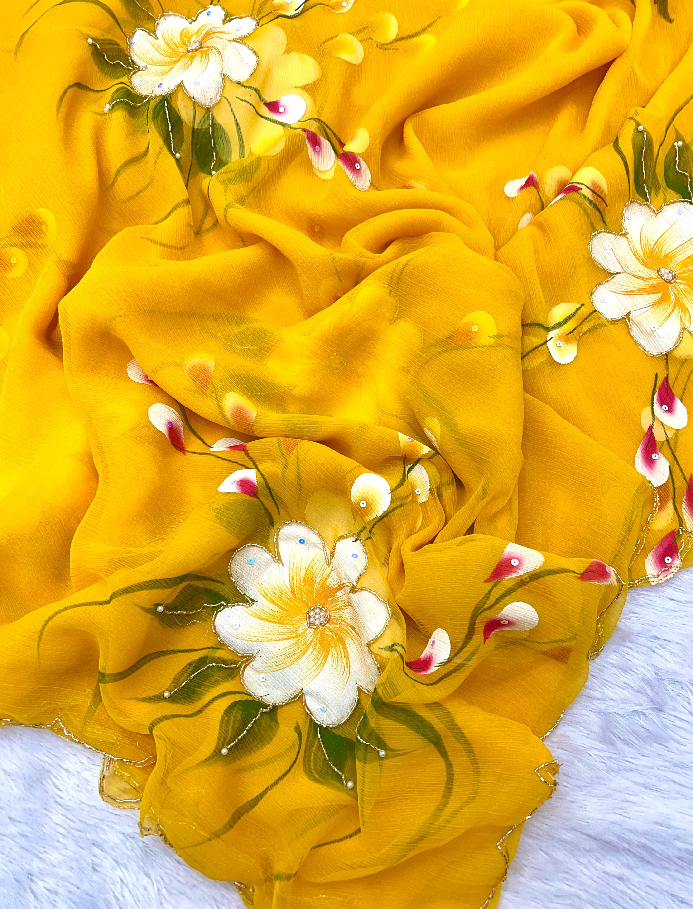 New Partywear Yellow Color Pure Chiffon Handwork  with Handbrush Floral & Cutwork Detailing Saree