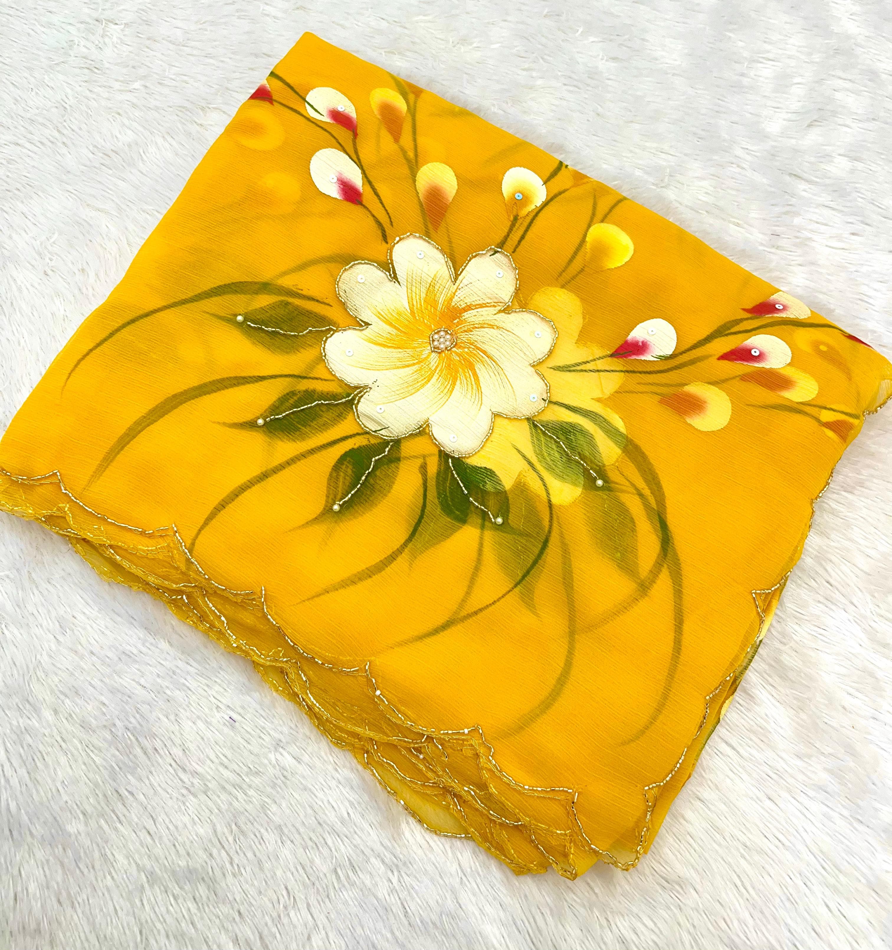 New Partywear Yellow Color Pure Chiffon Handwork  with Handbrush Floral & Cutwork Detailing Saree