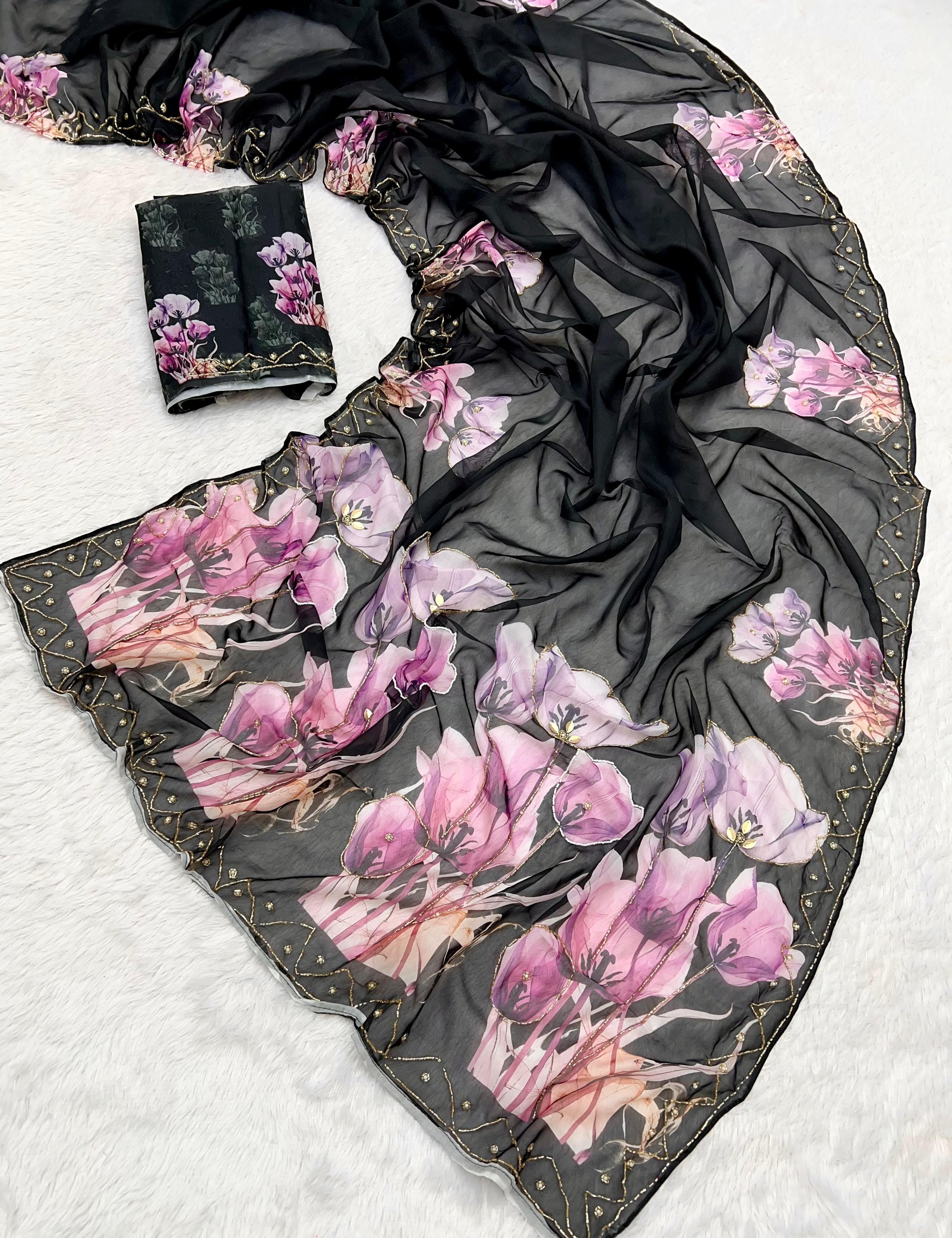 New Black Designer Soft Tebby Silk Digital print handwork Light weight sarees